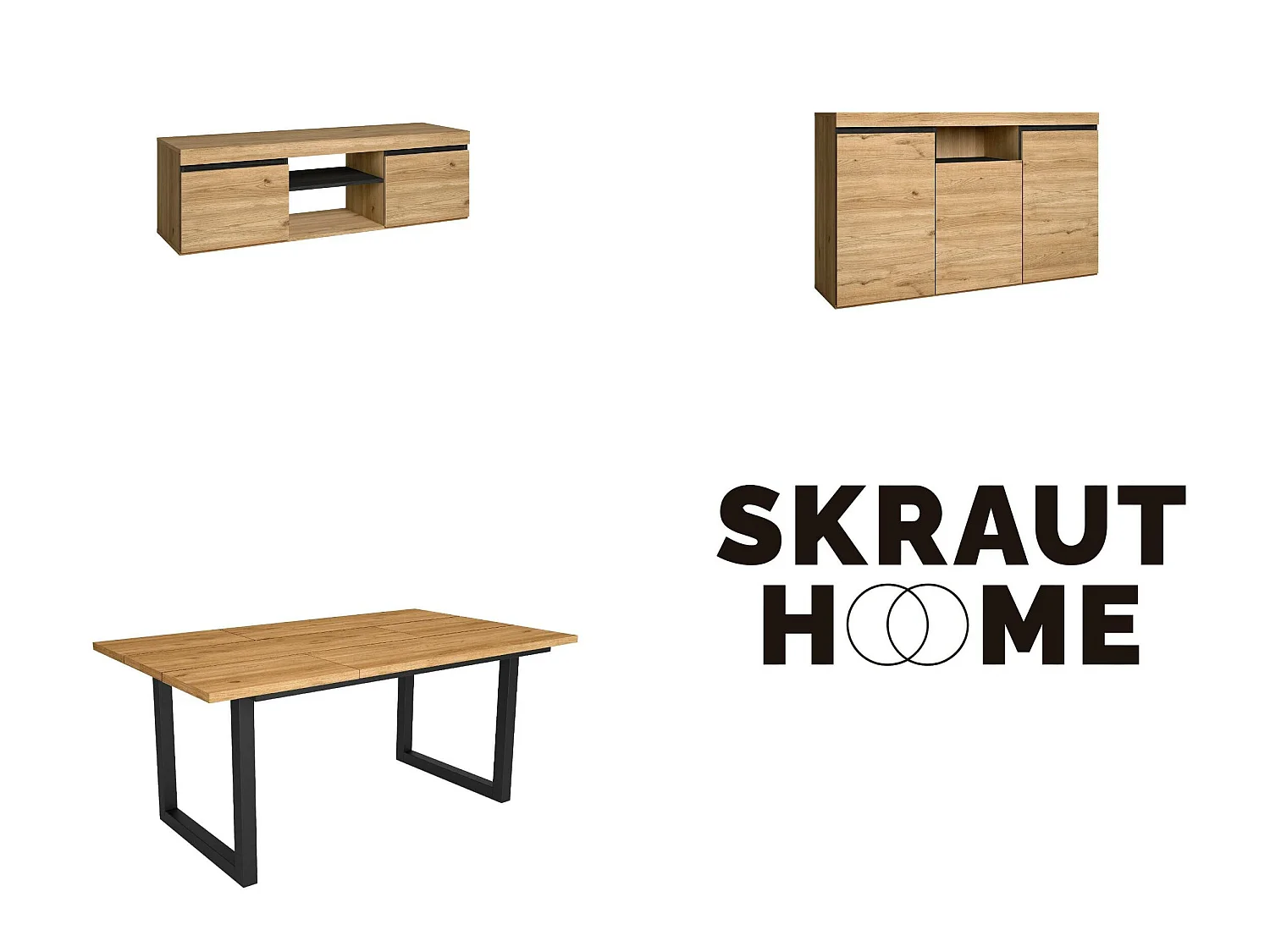 Ensemble de meubles de salon, Table 170 pieds U 8 convives, Meuble TV 140, Crédence / Buffet 140, Chêne et Noir, Style Industriel