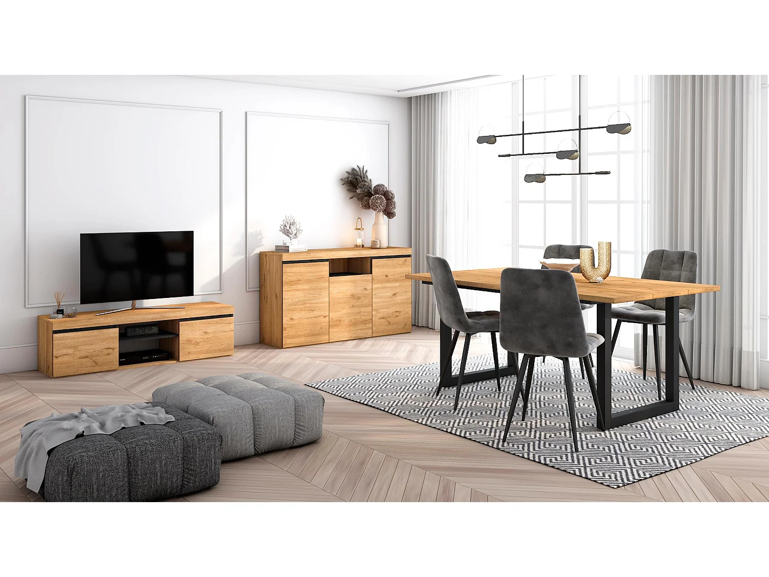 Ensemble de meubles de salon, Table 170 pieds U 8 convives, Meuble TV 140, Crédence / Buffet 140, Chêne et Noir, Style Industriel