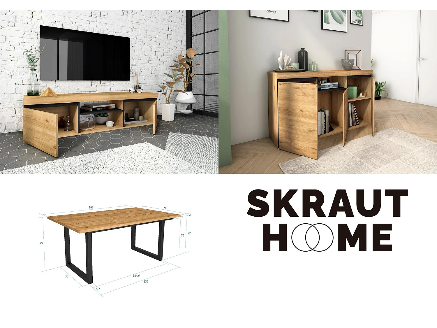 Ensemble de meubles de salon, Table 170 pieds U 8 convives, Meuble TV 140, Crédence / Buffet 140, Chêne et Noir, Style Industriel