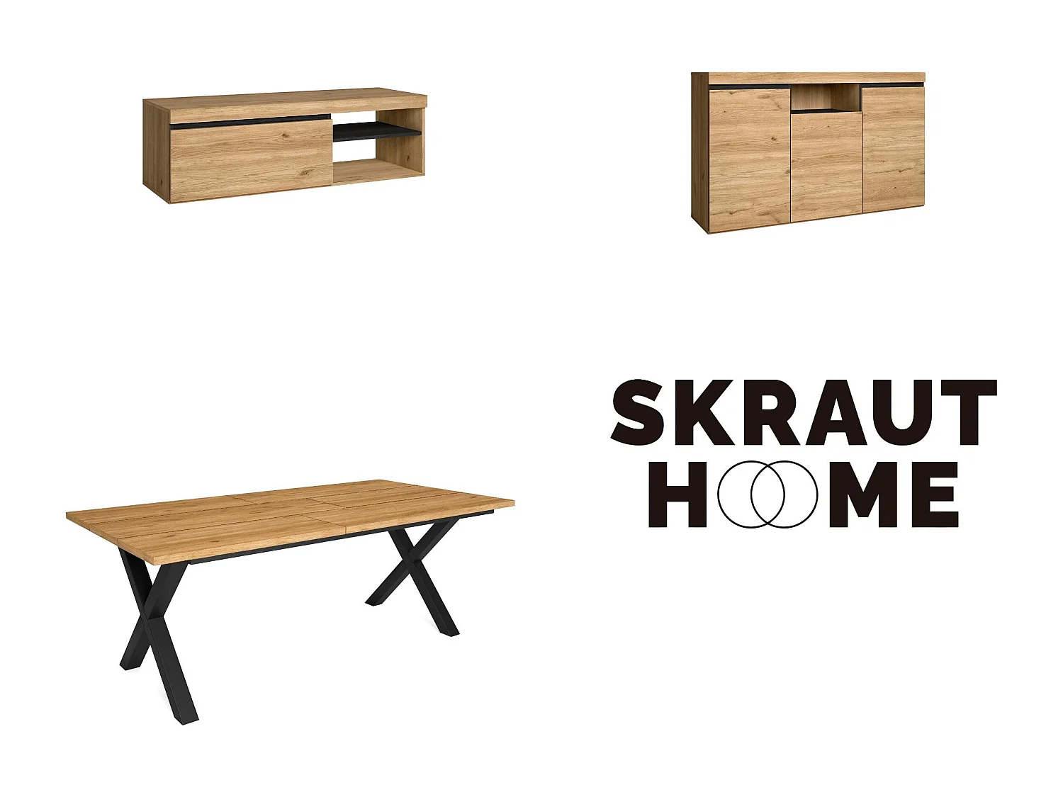 Ensemble de meubles de salon, Table 200 pieds X 10 convives, Meuble TV 120, Crédence / Buffet 140, Chêne et Noir, Style industriel