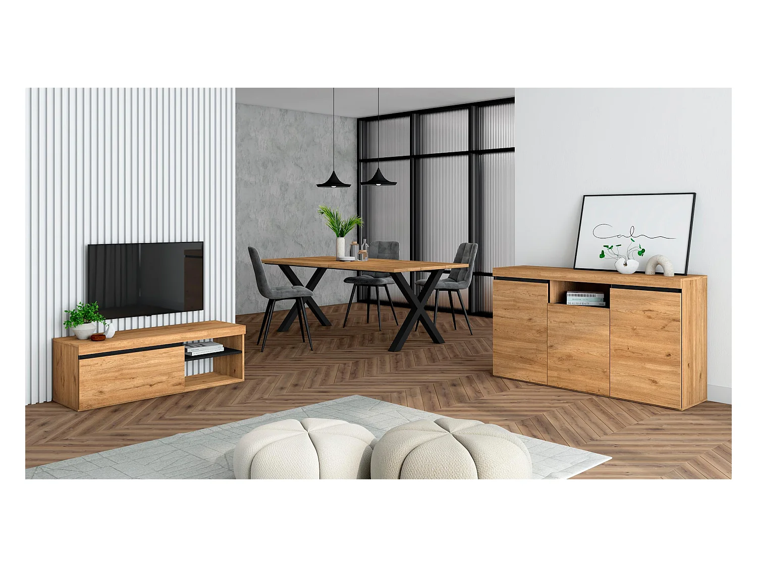 Ensemble de meubles de salon, Table 200 pieds X 10 convives, Meuble TV 120, Crédence / Buffet 140, Chêne et Noir, Style industriel