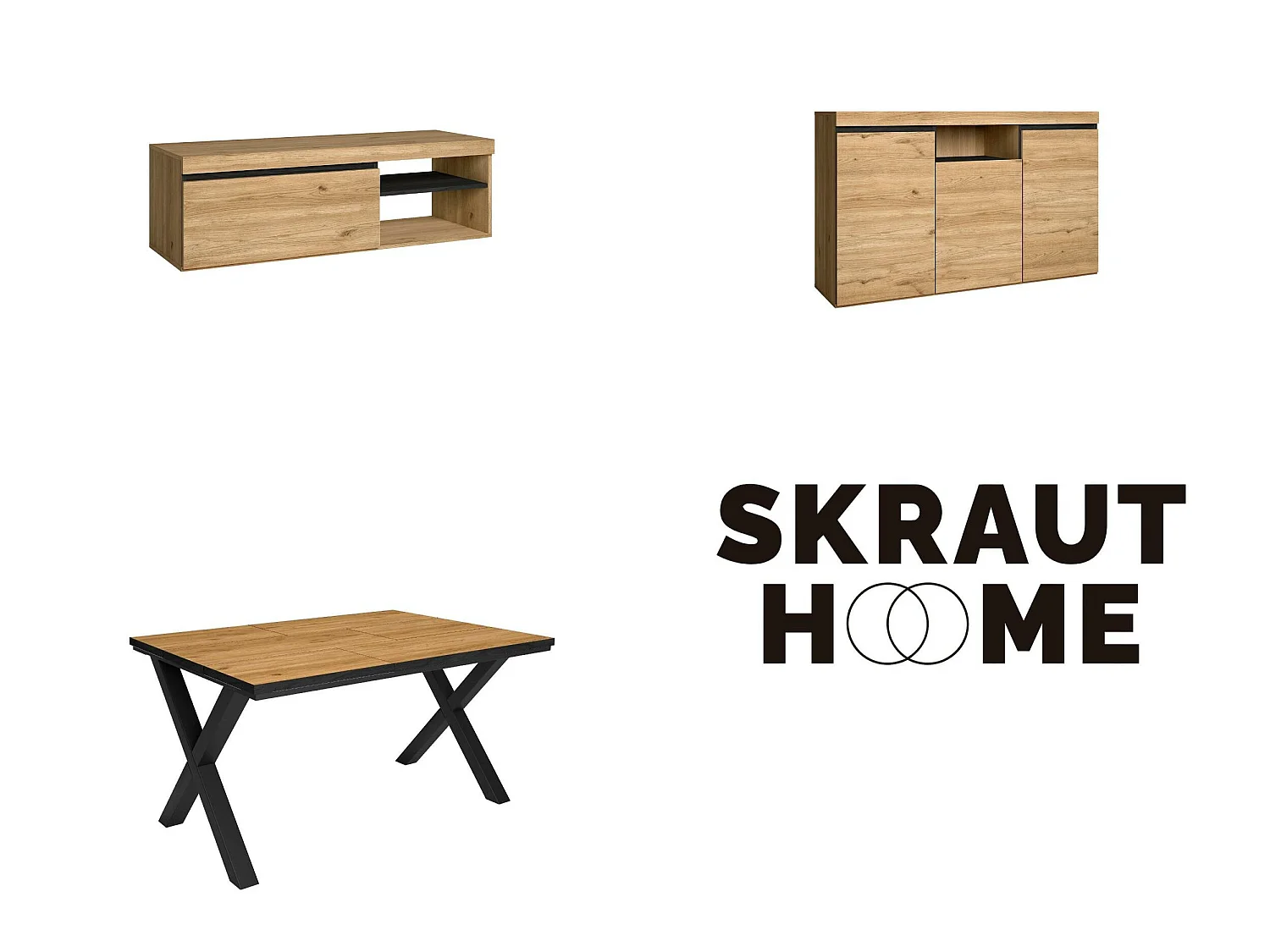 Conjunto de mobiliário para sala de estar, Mesa 140 Borda preta pés X 6 pessoas, Suporte TV120, Aparador / Buffet140, Carvalho,Preto