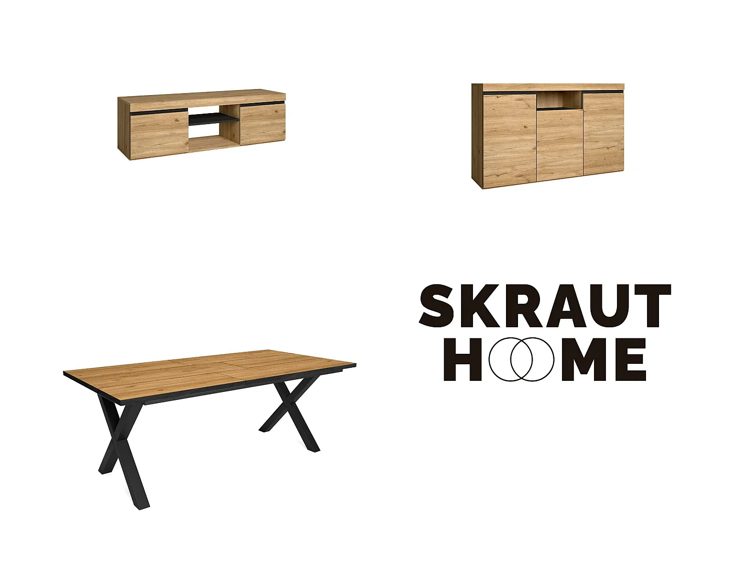 Woonkamermeubelset, Tafel 200 Front Zwart Tafelpoten X 10 gasten, TV Kast140, Sideboard / Buffetkast 140, Eiken, Zwart, Industriële