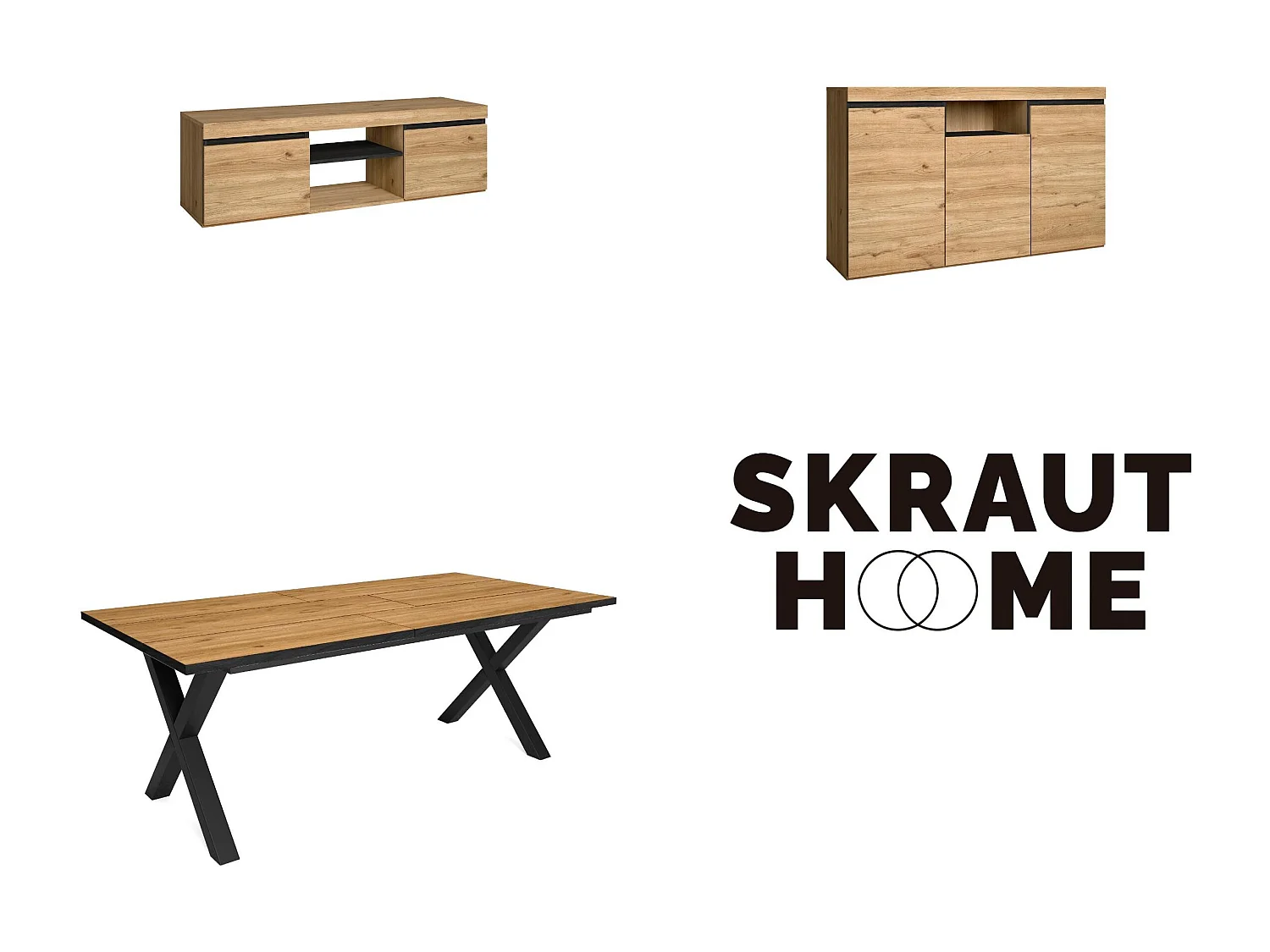 Woonkamermeubelset, Tafel 200 Front Zwart Tafelpoten X 10 gasten, TV Kast140, Sideboard / Buffetkast 140, Eiken, Zwart, Industriële