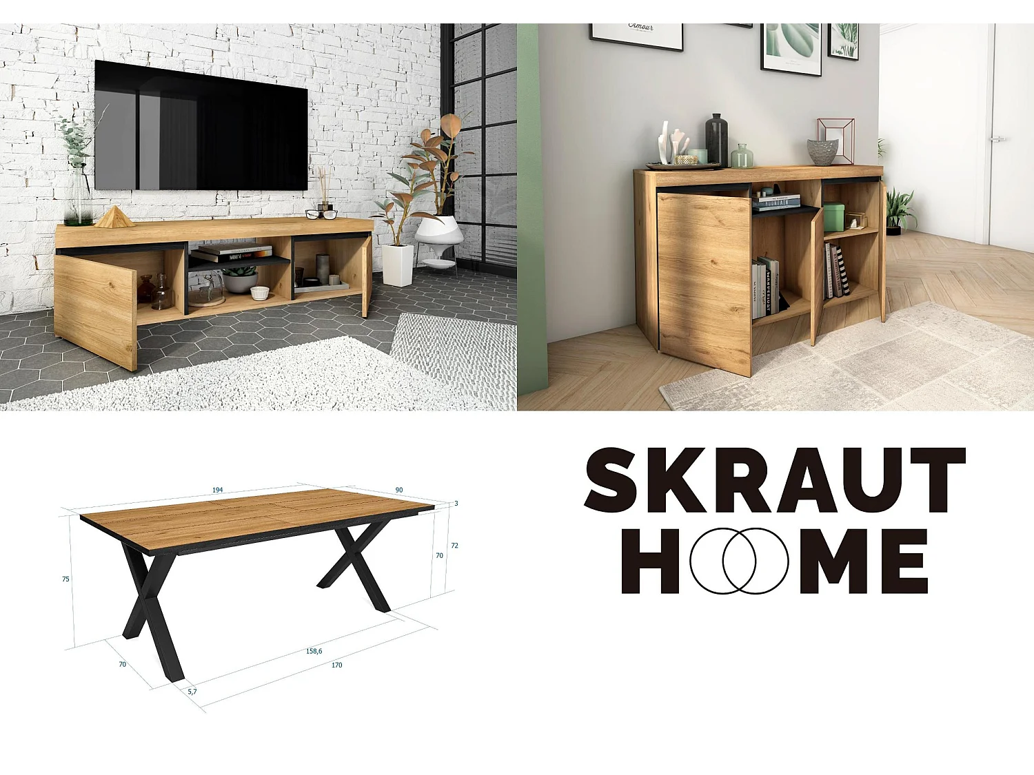 Woonkamermeubelset, Tafel 200 Front Zwart Tafelpoten X 10 gasten, TV Kast140, Sideboard / Buffetkast 140, Eiken, Zwart, Industriële