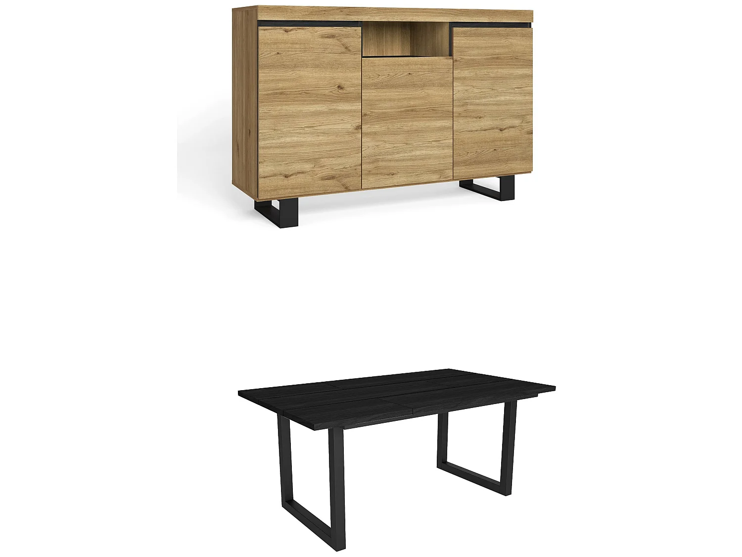 Ensemble de meubles de salon, Table 170 Noire pieds U 8 convives, Crédence / Buffet 140 Tall, Chêne et Noir, Style Industriel