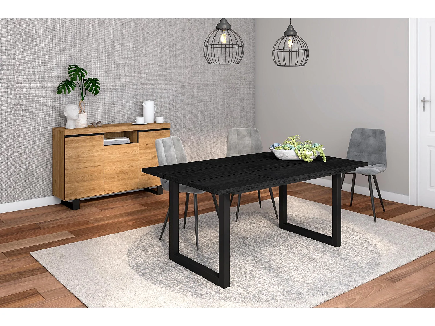 Ensemble de meubles de salon, Table 170 Noire pieds U 8 convives, Crédence / Buffet 140 Tall, Chêne et Noir, Style Industriel