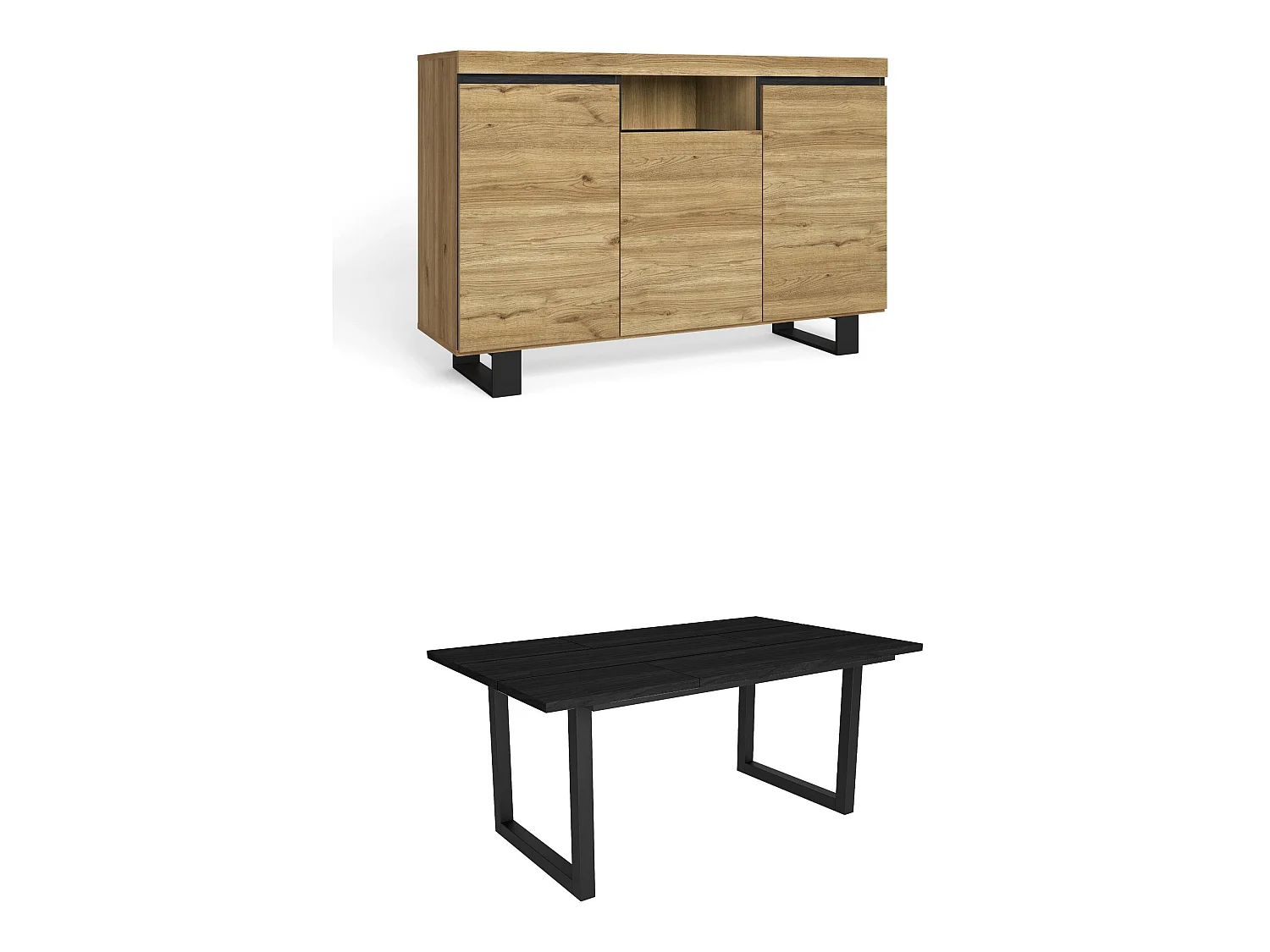 Ensemble de meubles de salon, Table 170 Noire pieds U 8 convives, Crédence / Buffet 140 Tall, Chêne et Noir, Style Industriel