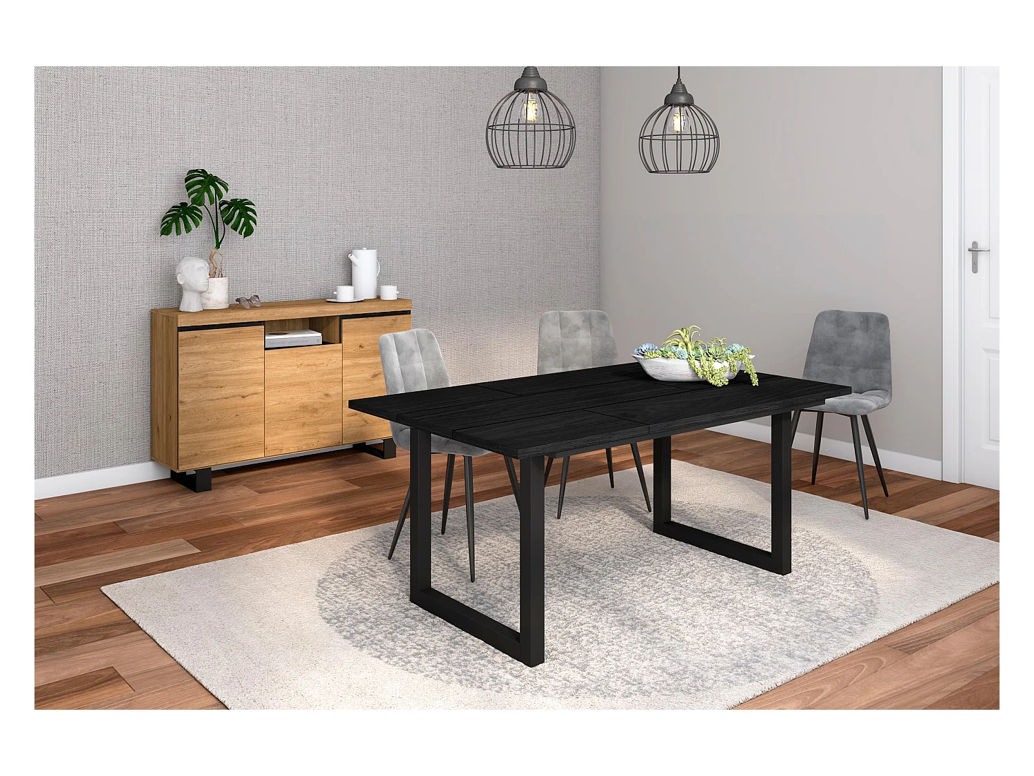 Ensemble de meubles de salon, Table 170 Noire pieds U 8 convives, Crédence / Buffet 140 Tall, Chêne et Noir, Style Industriel