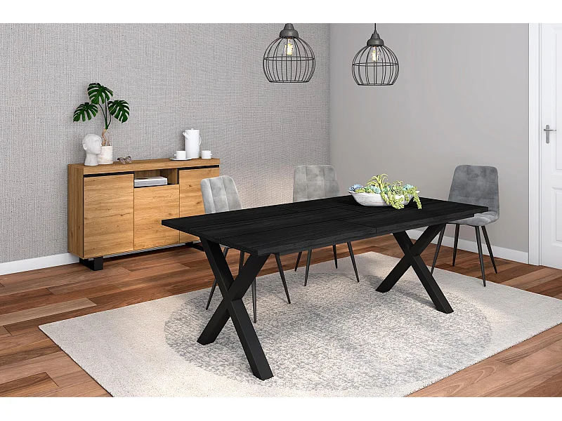 Ensemble de meubles de salon, Table 200 Noire pieds X 10 convives, Crédence / Buffet 140 Tall, Chêne et Noir, Style Industriel