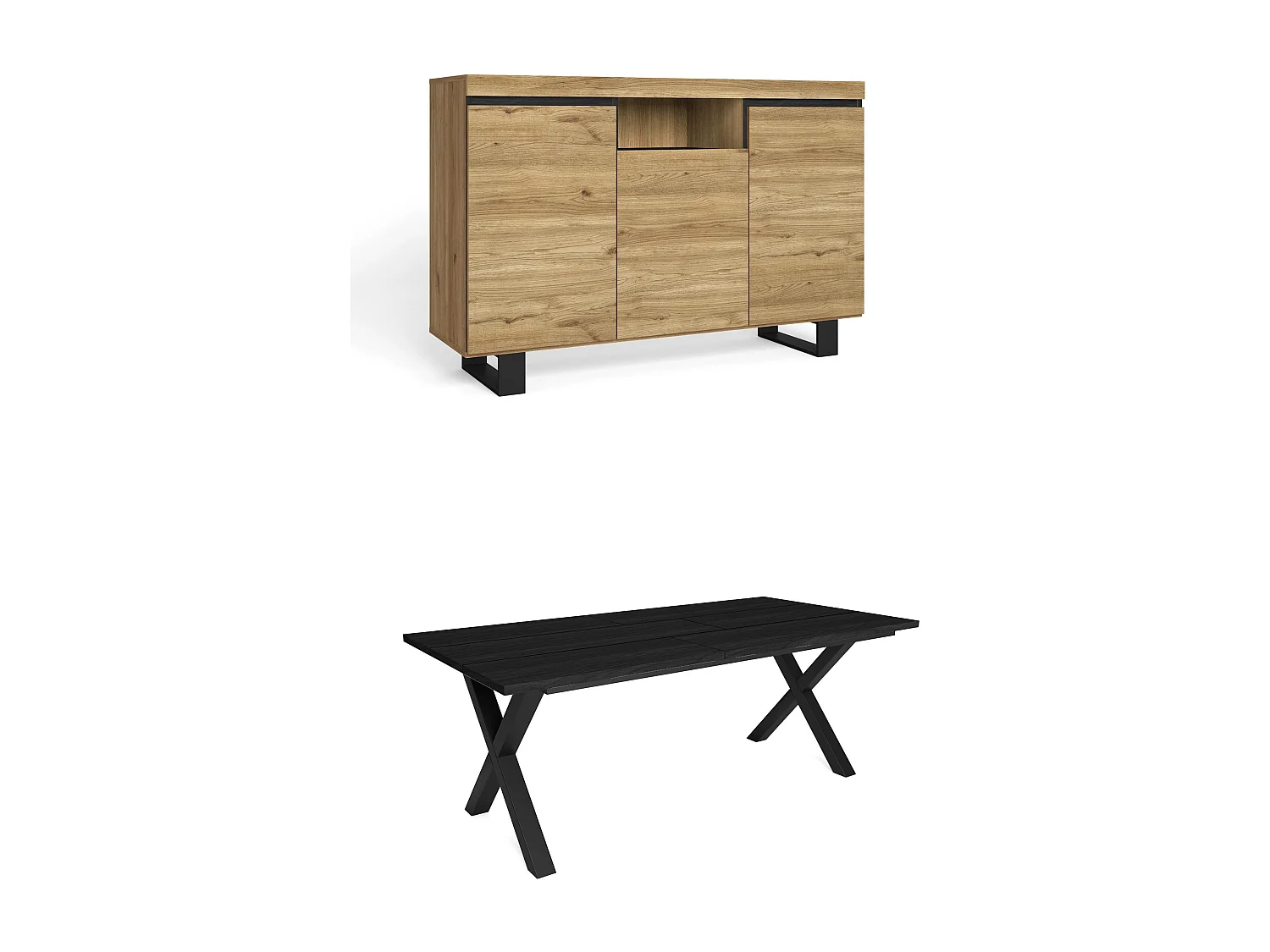 Ensemble de meubles de salon, Table 200 Noire pieds X 10 convives, Crédence / Buffet 140 Tall, Chêne et Noir, Style Industriel