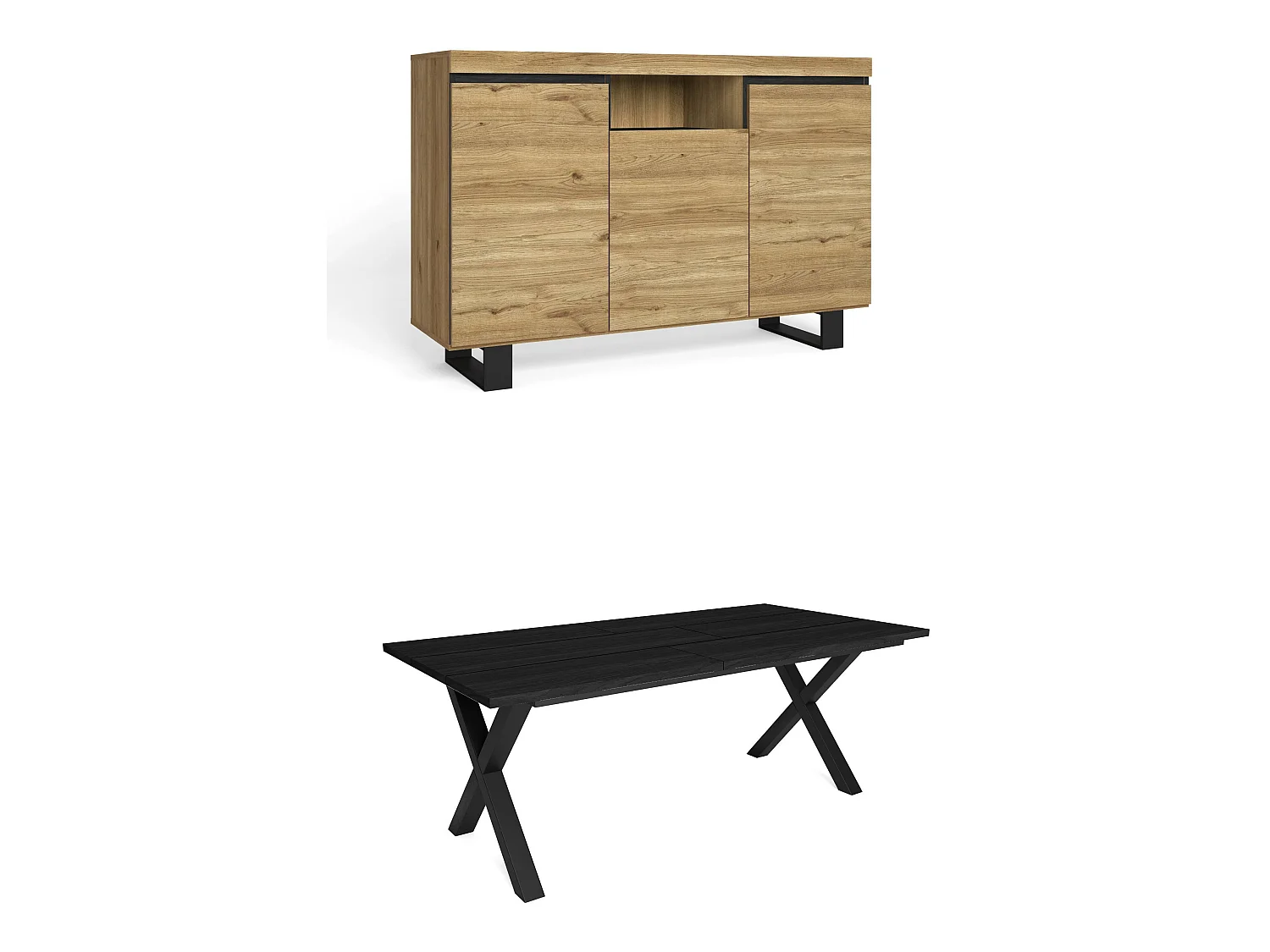 Woonkamermeubelset, Tafel 200 Zwarte Tafelpoten X 10 gasten, Sideboard / Buffetkast 140 Tall, Eiken en Zwart, Industriële stijl
