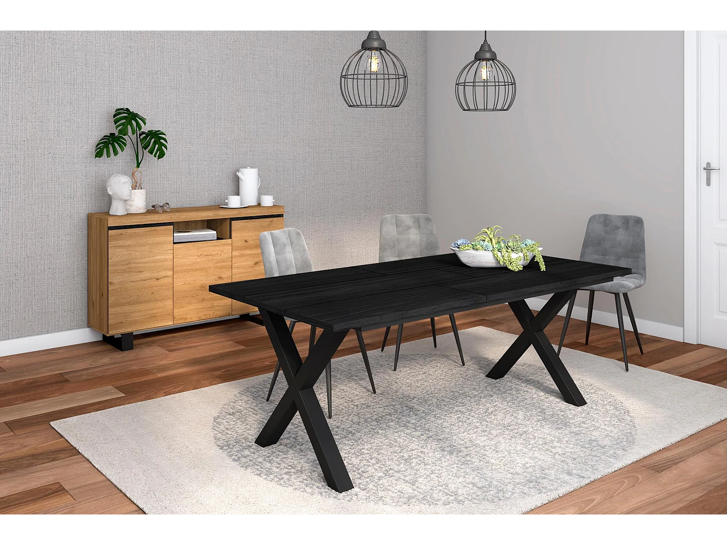 Conjunto de mobiliário para sala de estar, Mesa 200 preta pés X 10 pessoas, Aparador / Buffet 140 Tall, Carvalho e preto, Industrial