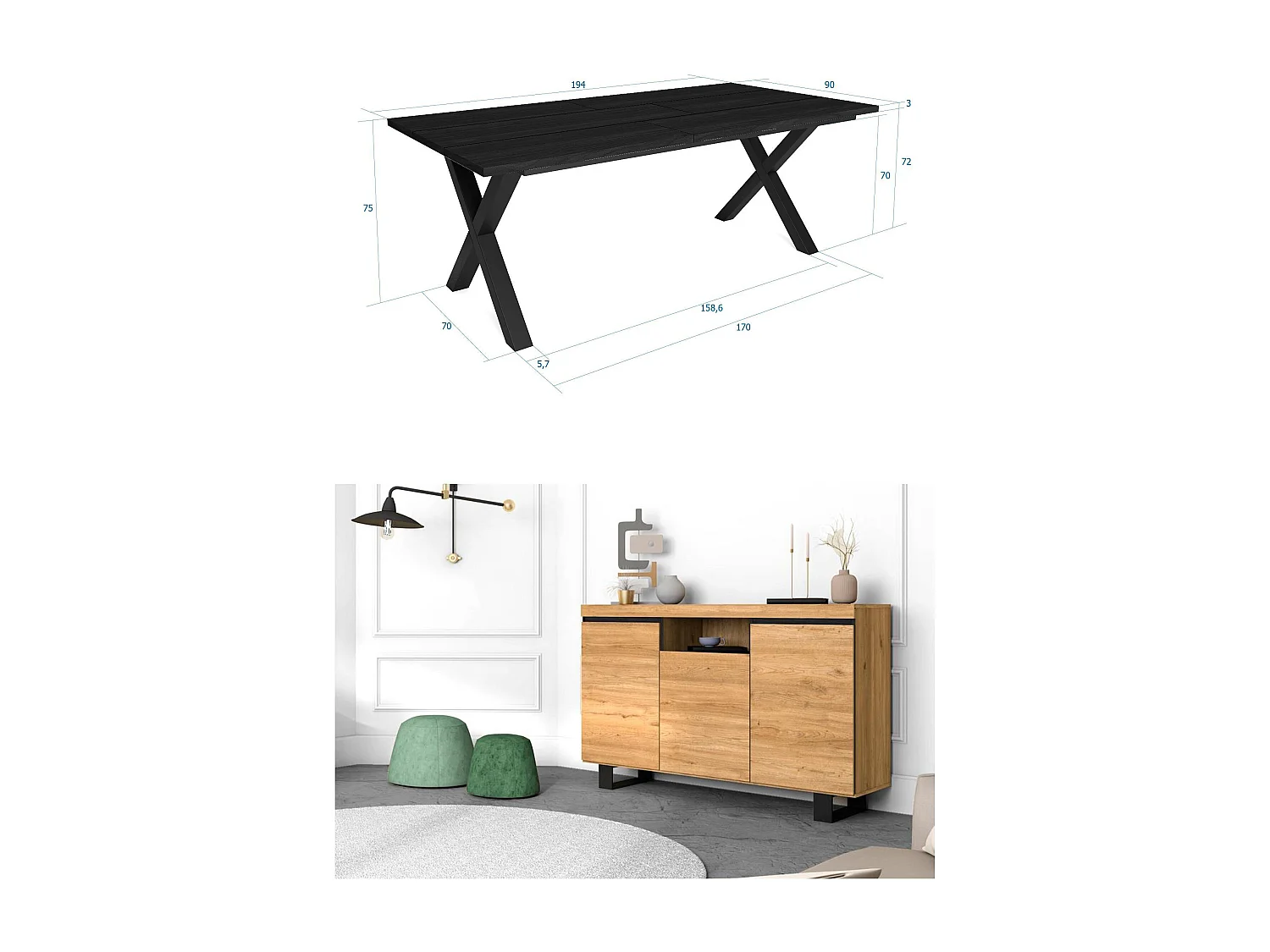 Conjunto de mobiliário para sala de estar, Mesa 200 preta pés X 10 pessoas, Aparador / Buffet 140 Tall, Carvalho e preto, Industrial