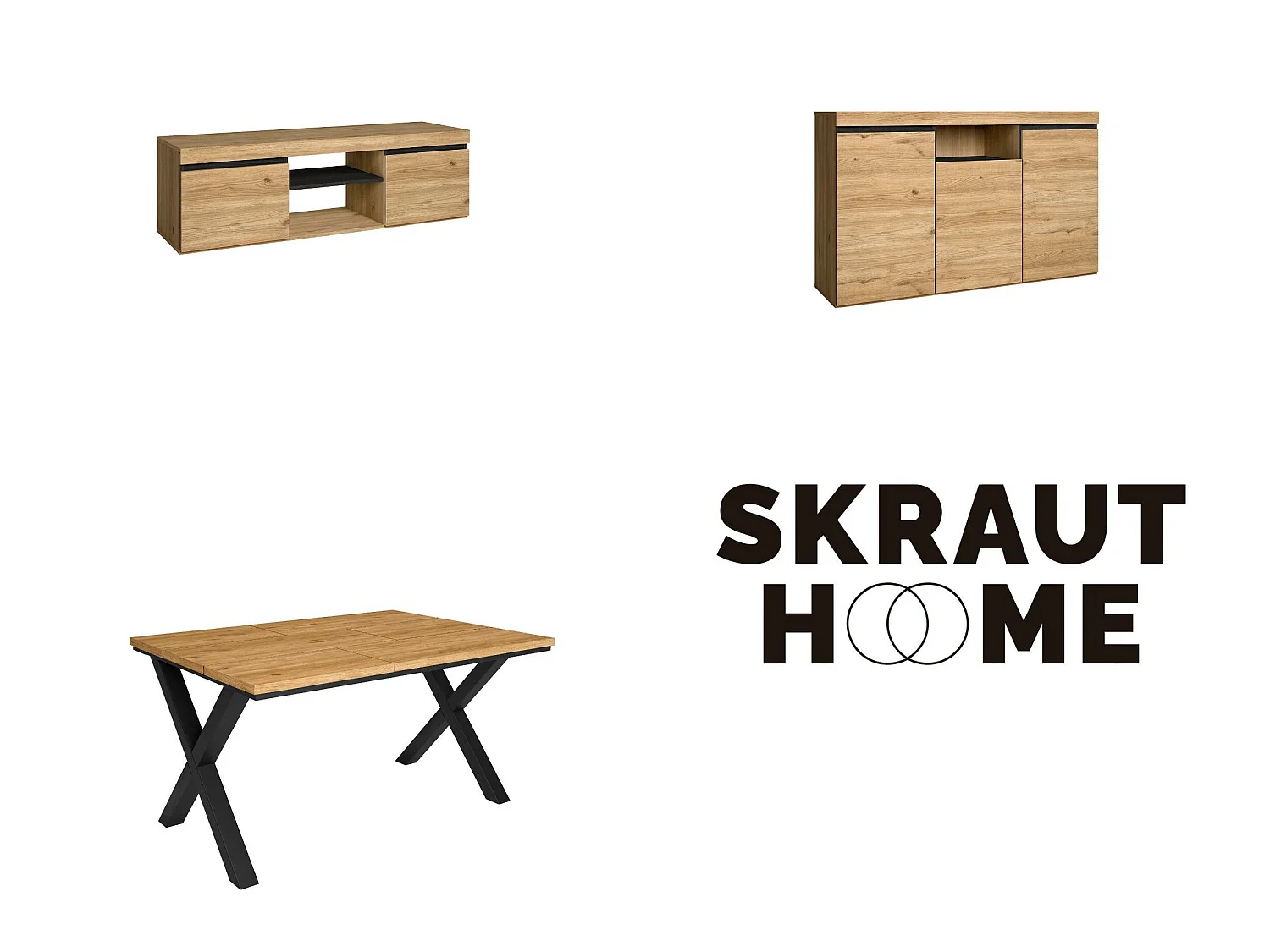 Ensemble de meubles de salon, Table 140 pieds X 6 convives, Meuble TV 140, Crédence / Buffet 140, Chêne et Noir, Style Industriel