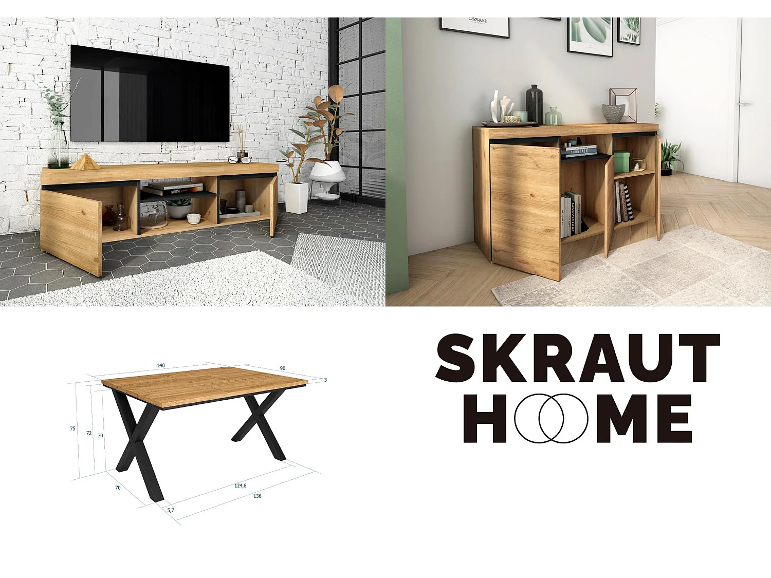 Ensemble de meubles de salon, Table 140 pieds X 6 convives, Meuble TV 140, Crédence / Buffet 140, Chêne et Noir, Style Industriel