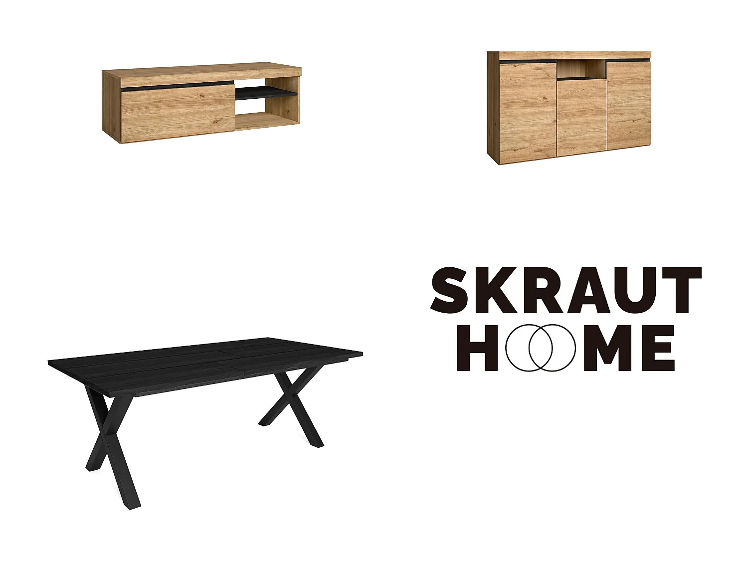 Ensemble de meubles de salon, Table 200 Noire pieds X 10 convives, Meuble TV 120, Crédence / Buffet 140, Chêne et Noir, industriel