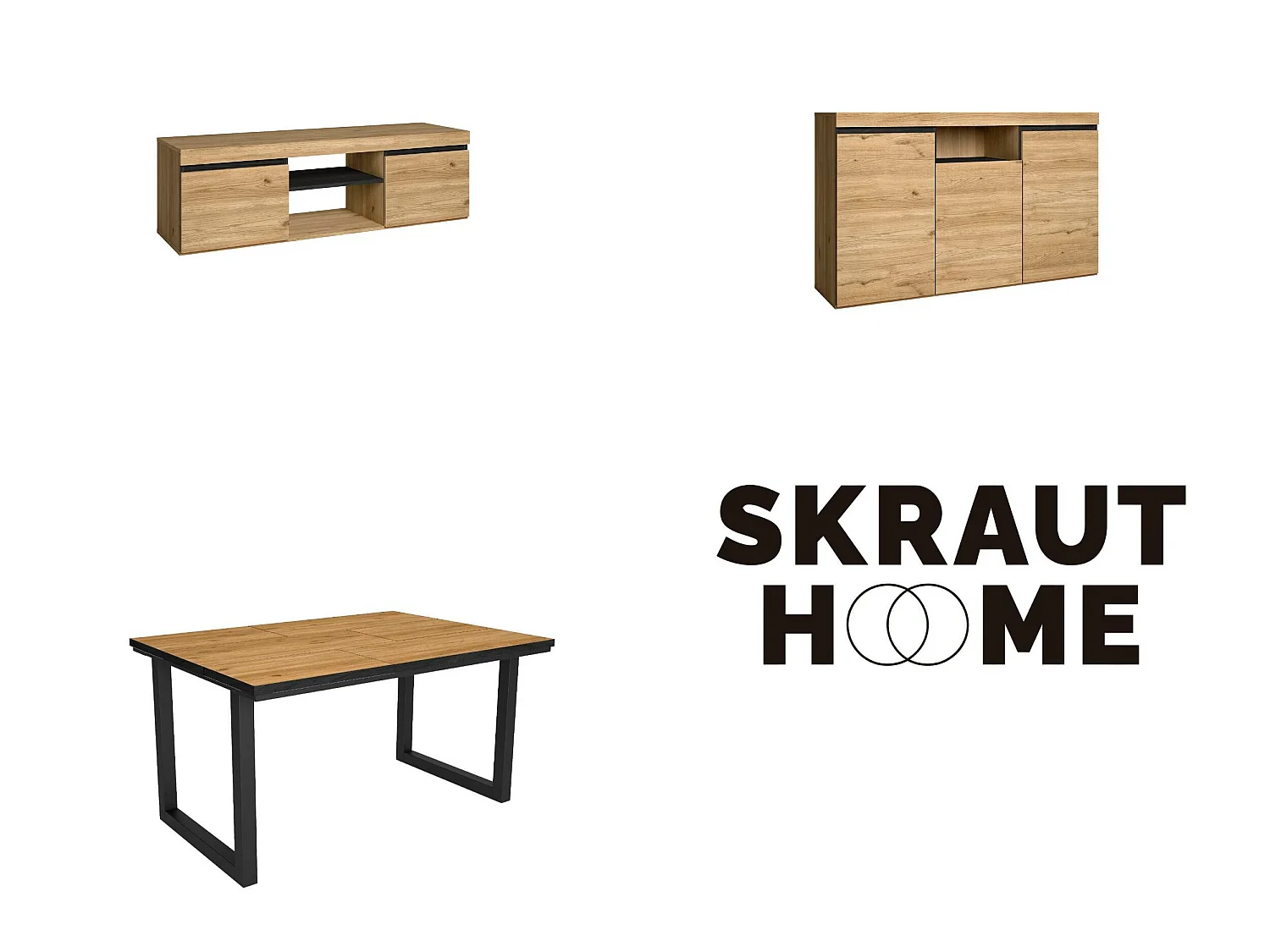 Ensemble de meubles de salon, Table 140 Front Noir pieds U 6 convives, Meuble TV140, Crédence / Buffet 140, Chêne, Noir, Industriel