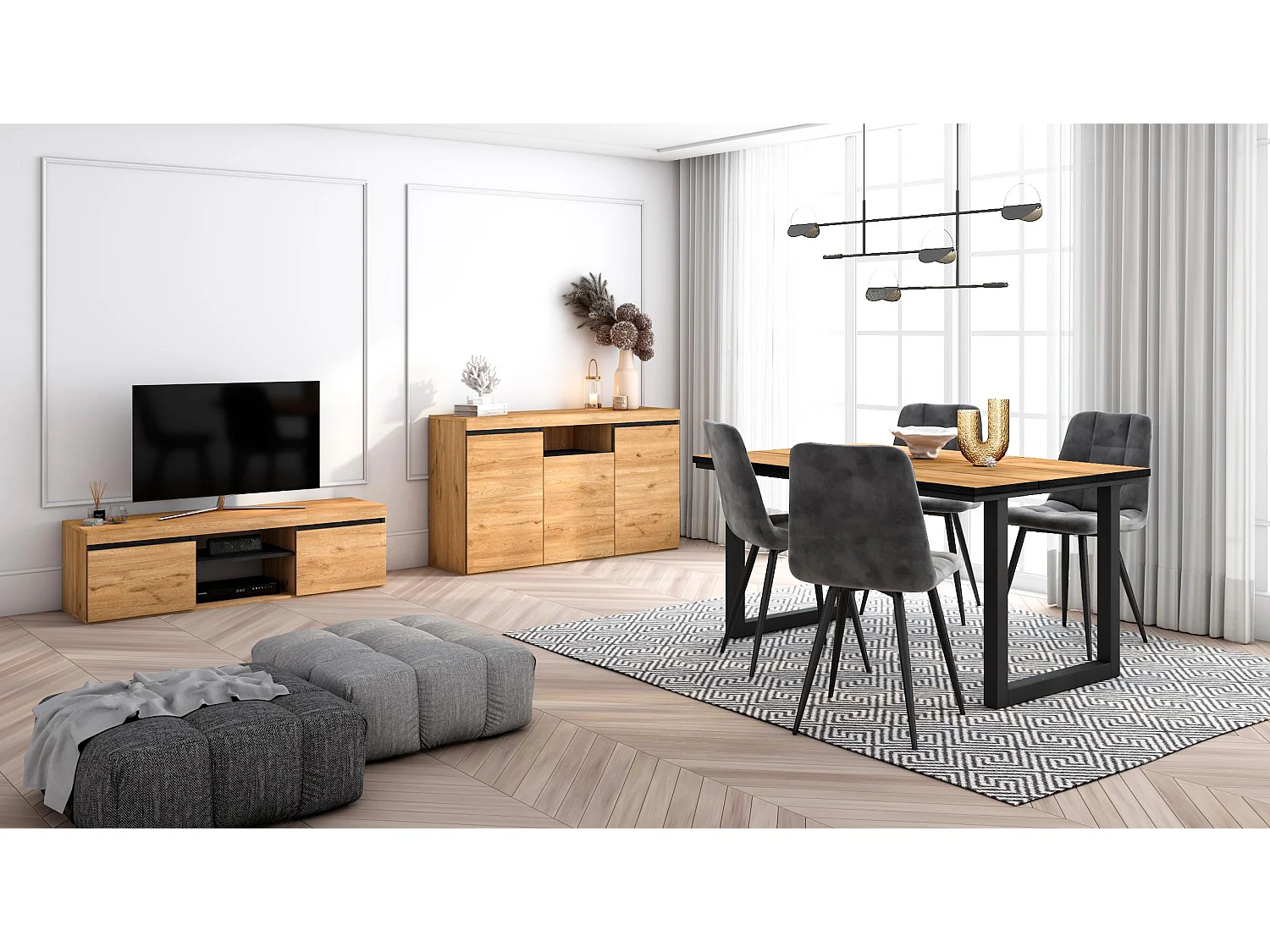 Ensemble de meubles de salon, Table 140 Front Noir pieds U 6 convives, Meuble TV140, Crédence / Buffet 140, Chêne, Noir, Industriel