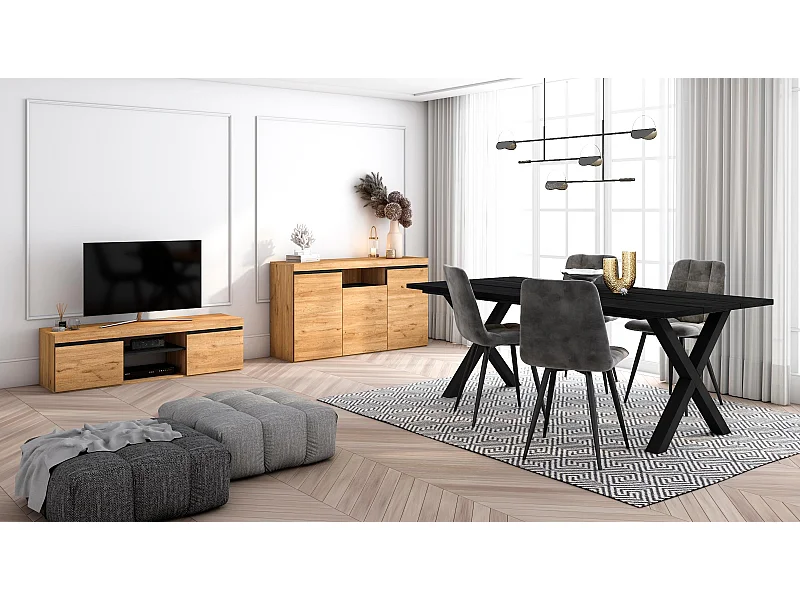 Woonkamermeubelset, Tafel 200 Zwarte Tafelpoten X 10 gasten, TV Kast 140, Sideboard / Buffetkast 140, Eiken en Zwart, Industriële