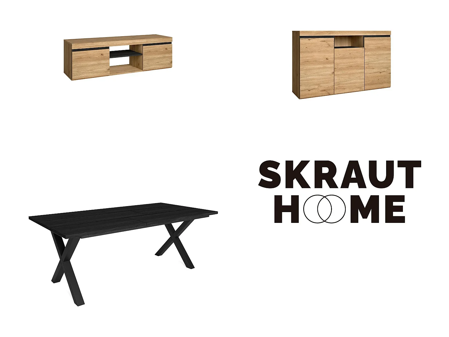 Wohnzimmermöbel-Set, Tisch 200 Schwarze X-Beine 10 Personen, Lowboard 140, Sideboard / Buffetschrank 140, Eiche und Schwarz