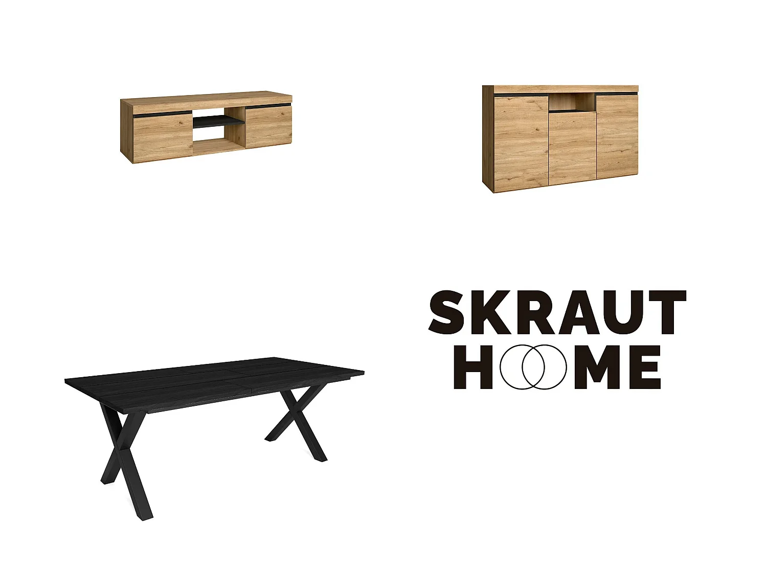 Woonkamermeubelset, Tafel 200 Zwarte Tafelpoten X 10 gasten, TV Kast 140, Sideboard / Buffetkast 140, Eiken en Zwart, Industriële