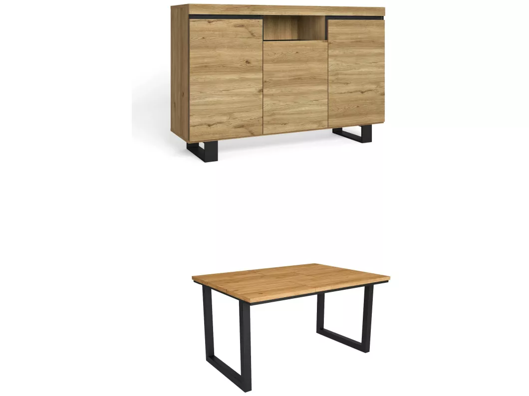 Kauf Unique Wohnzimmermöbel Set | Tisch 140 U-Beine für 6 Personen | Sideboard / Buffetschrank 140 Tall | Eiche und Schwarz | Industrieller Still