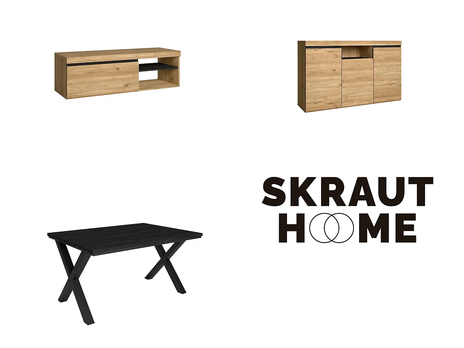 Conjunto de mobiliário para sala de estar, Mesa 140 preta pés X 6 pessoas, Suporte TV 120, Aparador / Buffet 140, Carvalho e preto