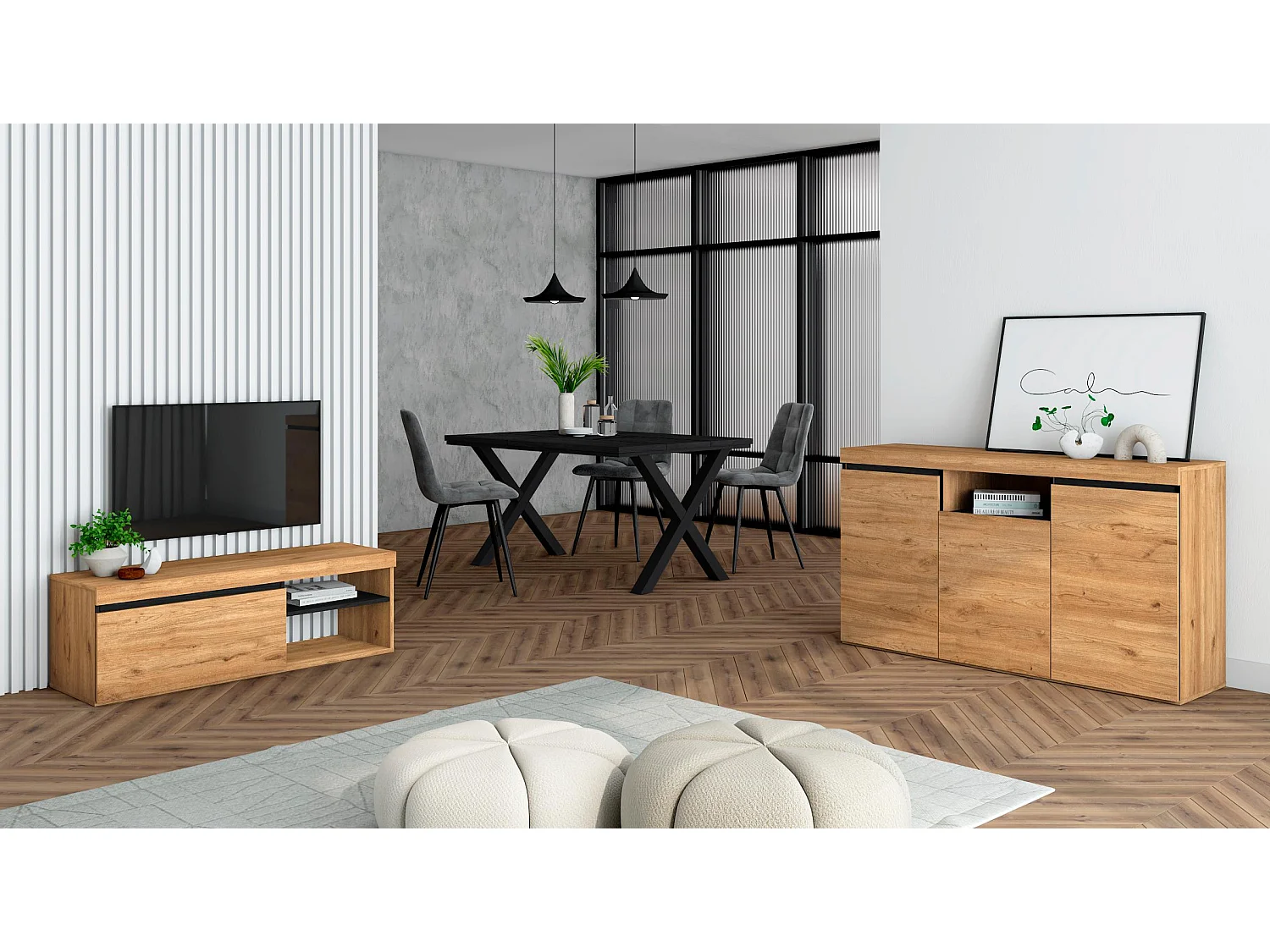 Conjunto de mobiliário para sala de estar, Mesa 140 preta pés X 6 pessoas, Suporte TV 120, Aparador / Buffet 140, Carvalho e preto