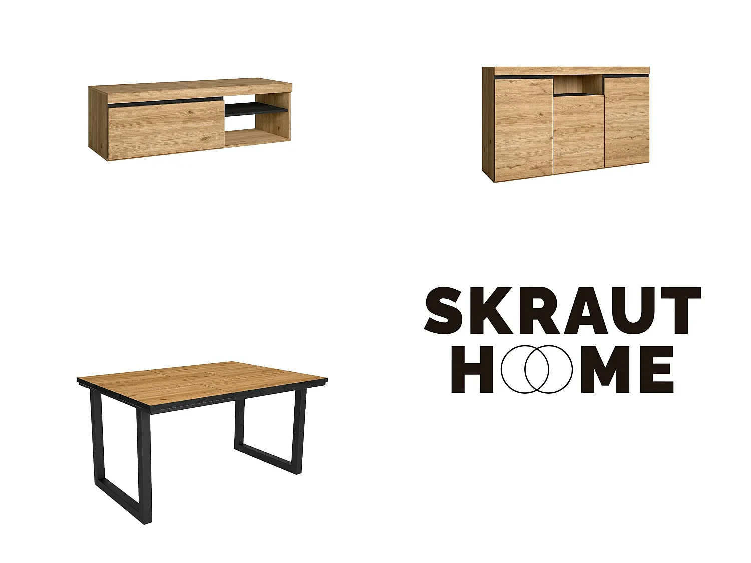 Ensemble de meubles de salon, Table 140 Front Noir pieds U 6 convives, Meuble TV120, Crédence / Buffet 140, Chêne, Noir, industriel