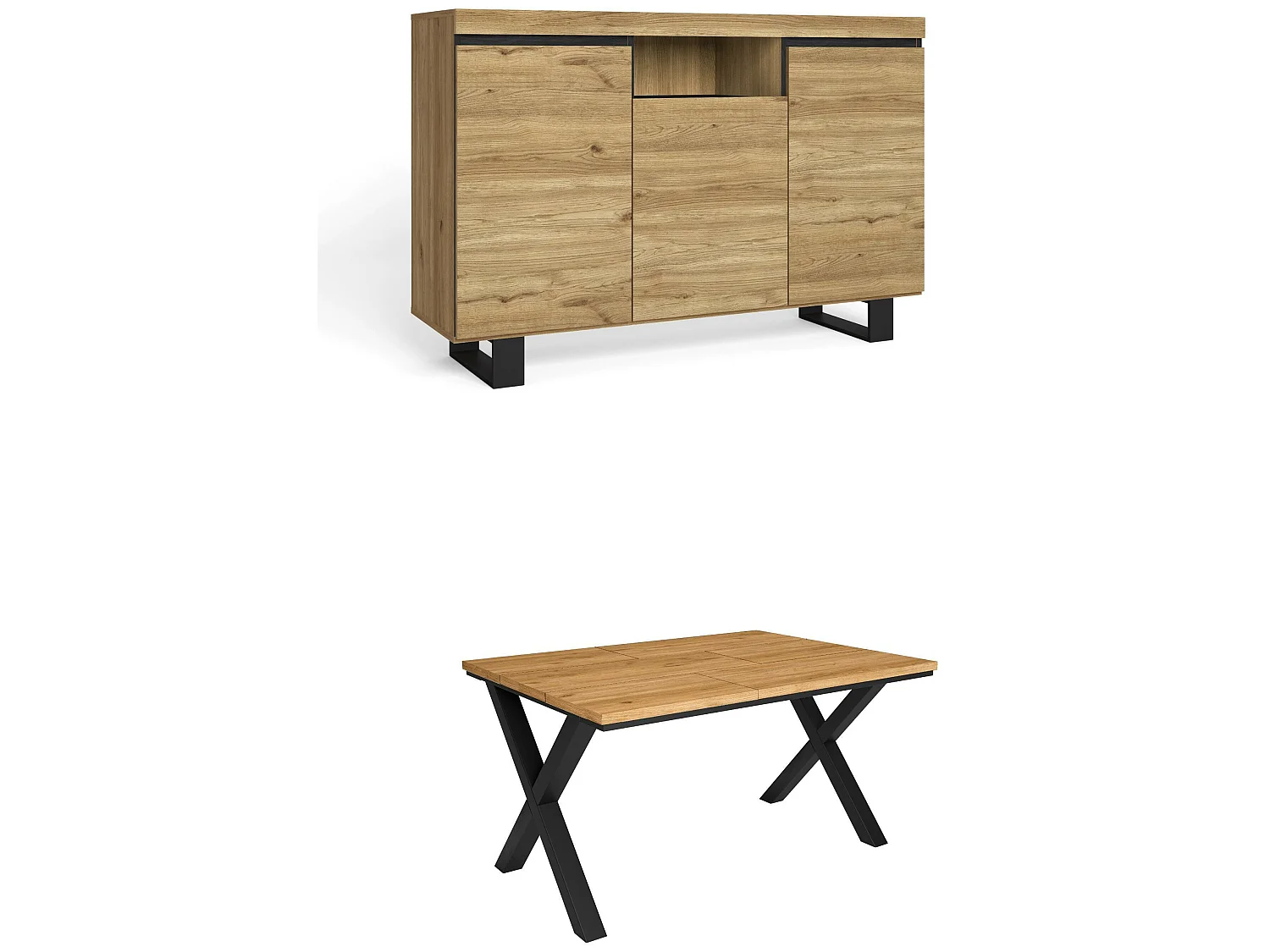 Conjunto de mobiliário para sala de estar, Mesa 140 pés X 6 pessoas, Aparador / Buffet 140 Tall, Carvalho e preto, Estilo industrial