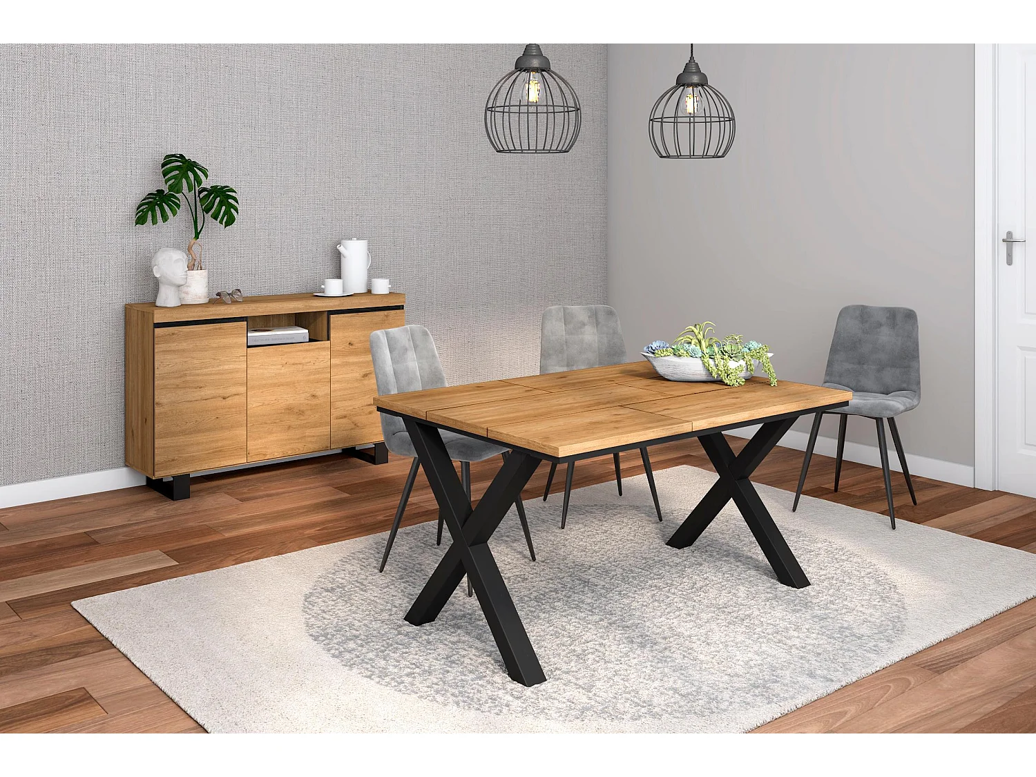 Conjunto de mobiliário para sala de estar, Mesa 140 pés X 6 pessoas, Aparador / Buffet 140 Tall, Carvalho e preto, Estilo industrial
