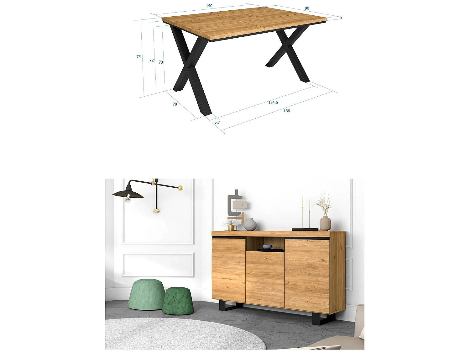 Conjunto de mobiliário para sala de estar, Mesa 140 pés X 6 pessoas, Aparador / Buffet 140 Tall, Carvalho e preto, Estilo industrial