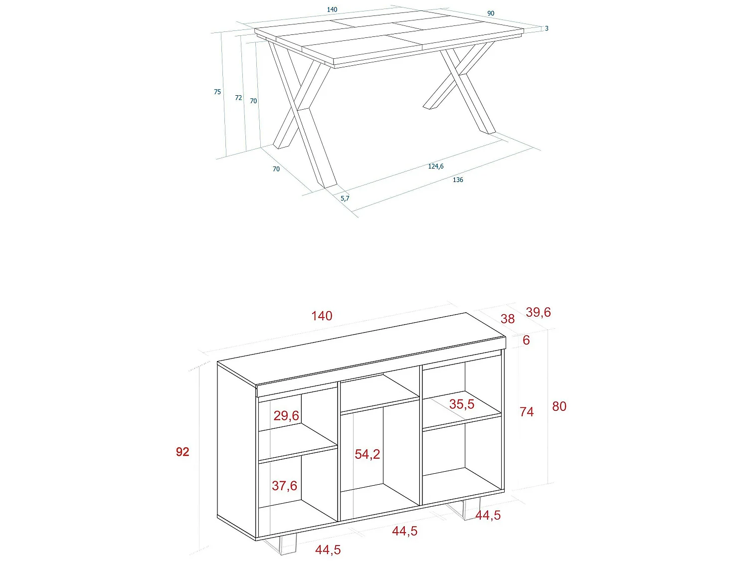 Conjunto de mobiliário para sala de estar, Mesa 140 pés X 6 pessoas, Aparador / Buffet 140 Tall, Carvalho e preto, Estilo industrial