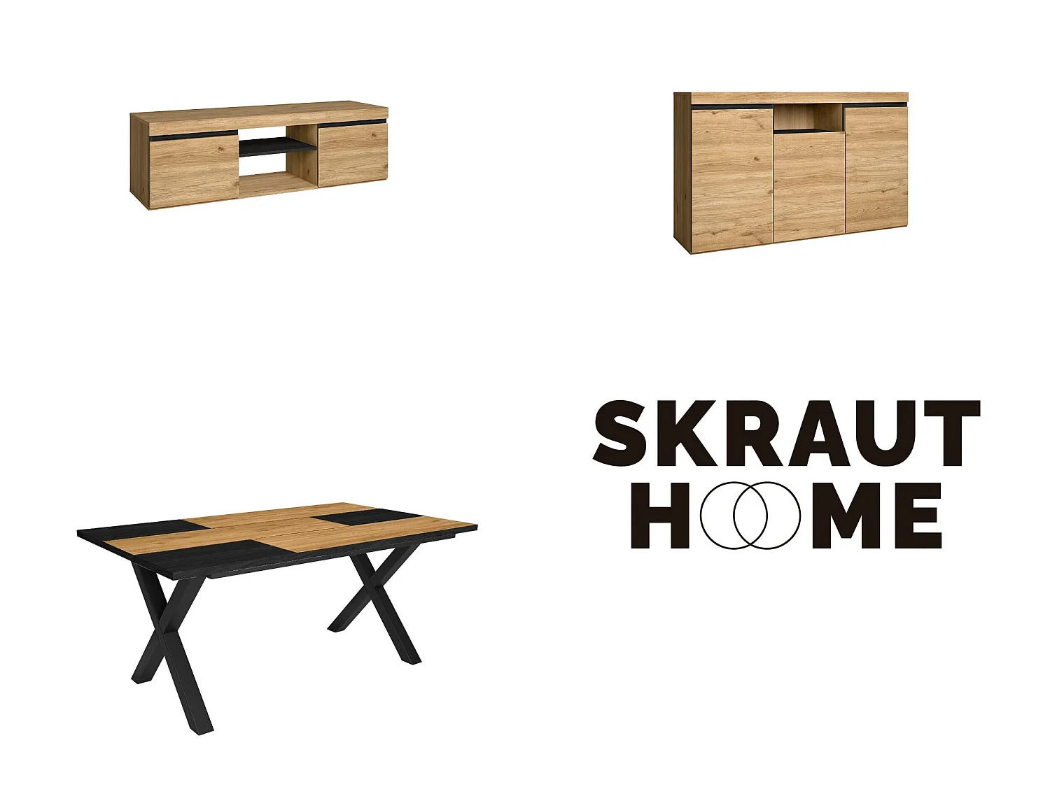 Woonkamermeubelset, Tafel 170 Bicolour Tafelpoten X 8 gasten, TV Kast 140, Sideboard / Buffetkast 140, Eiken en Zwart, Industriële