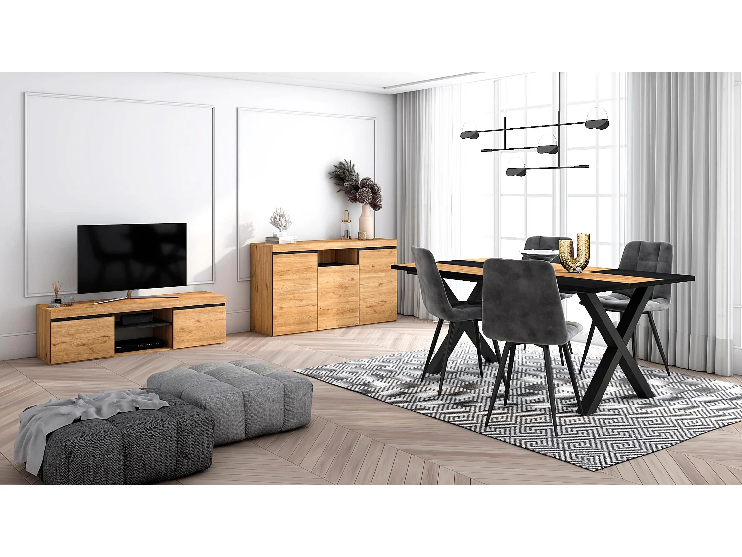 Woonkamermeubelset, Tafel 170 Bicolour Tafelpoten X 8 gasten, TV Kast 140, Sideboard / Buffetkast 140, Eiken en Zwart, Industriële