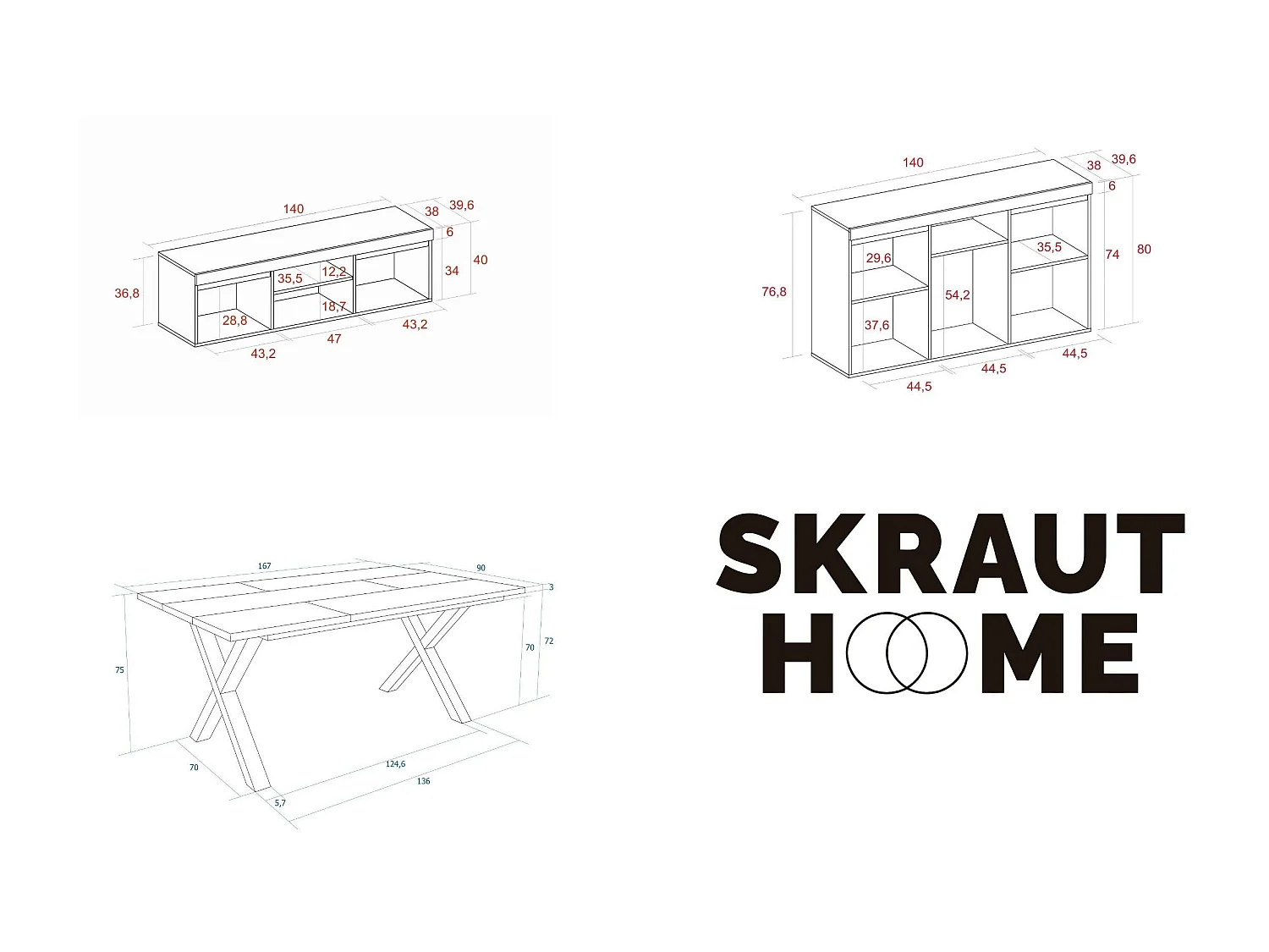 Woonkamermeubelset, Tafel 170 Bicolour Tafelpoten X 8 gasten, TV Kast 140, Sideboard / Buffetkast 140, Eiken en Zwart, Industriële