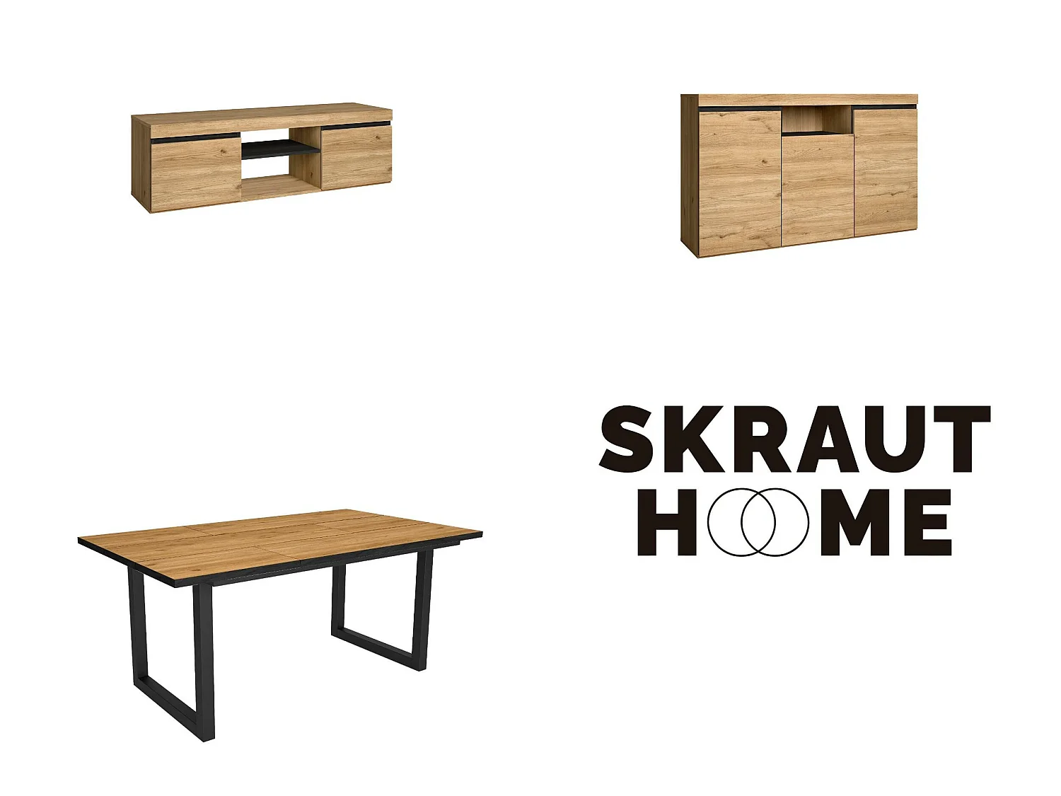 Ensemble de meubles de salon, Table 170 Front Noir pieds U 8 convives, Meuble TV140, Crédence / Buffet 140, Chêne, Noir, Industriel