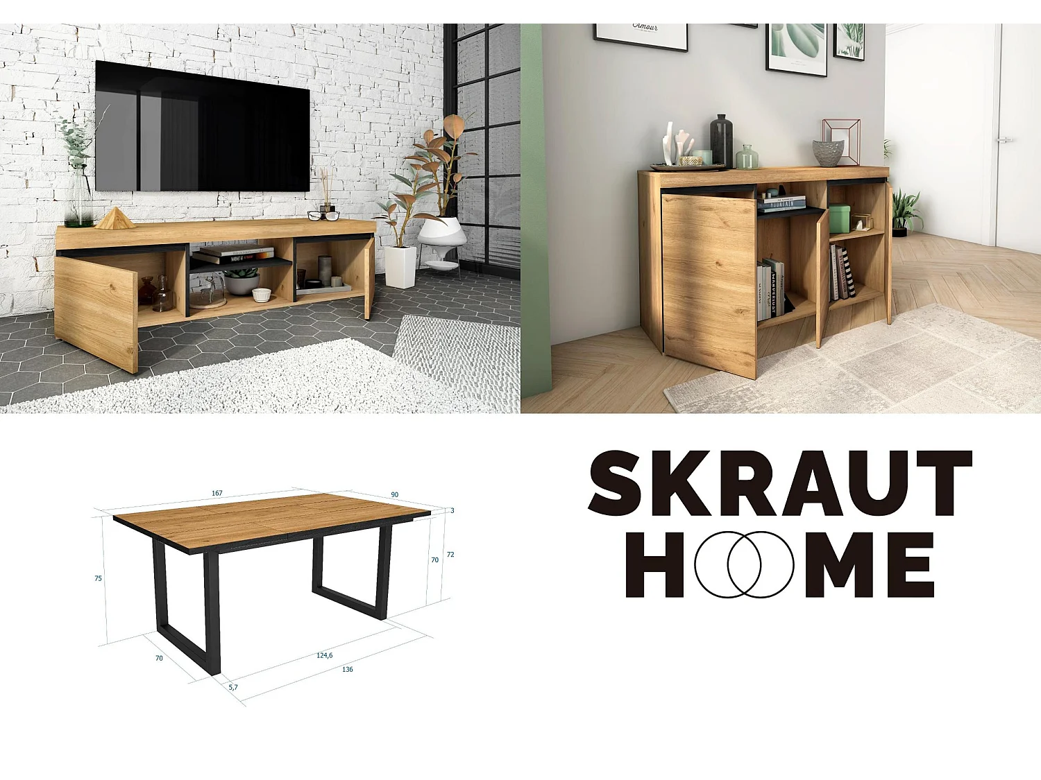 Ensemble de meubles de salon, Table 170 Front Noir pieds U 8 convives, Meuble TV140, Crédence / Buffet 140, Chêne, Noir, Industriel