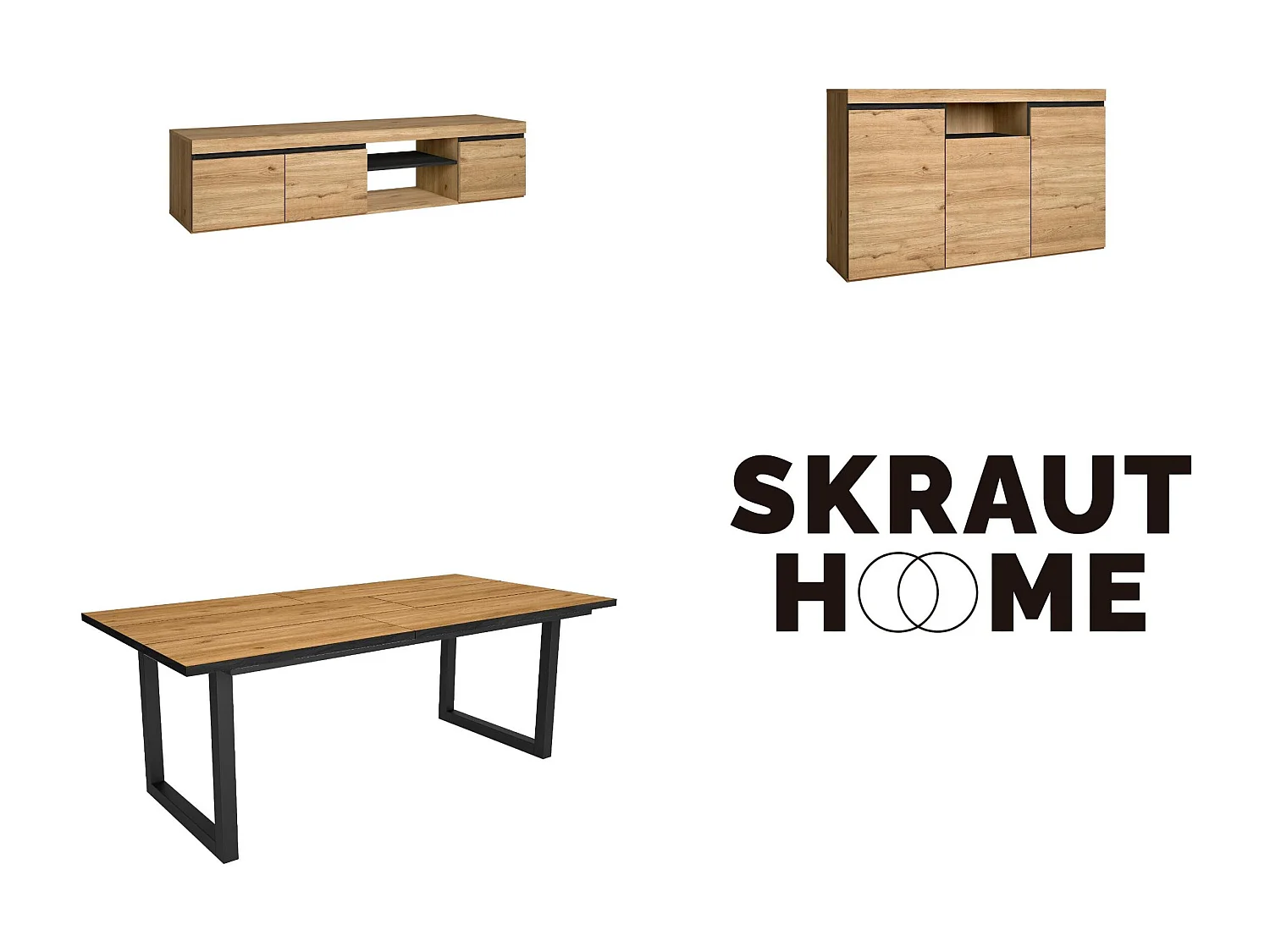 Ensemble de meubles de salon, Table 200 Front Noir pieds U 10 convives, Meuble TV160, Crédence / Buffet 140, Chêne Noir, Industriel