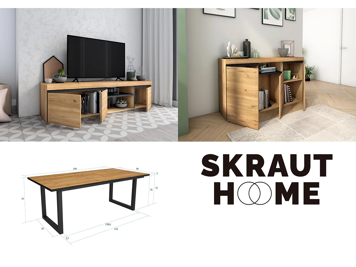 Ensemble de meubles de salon, Table 200 Front Noir pieds U 10 convives, Meuble TV160, Crédence / Buffet 140, Chêne Noir, Industriel