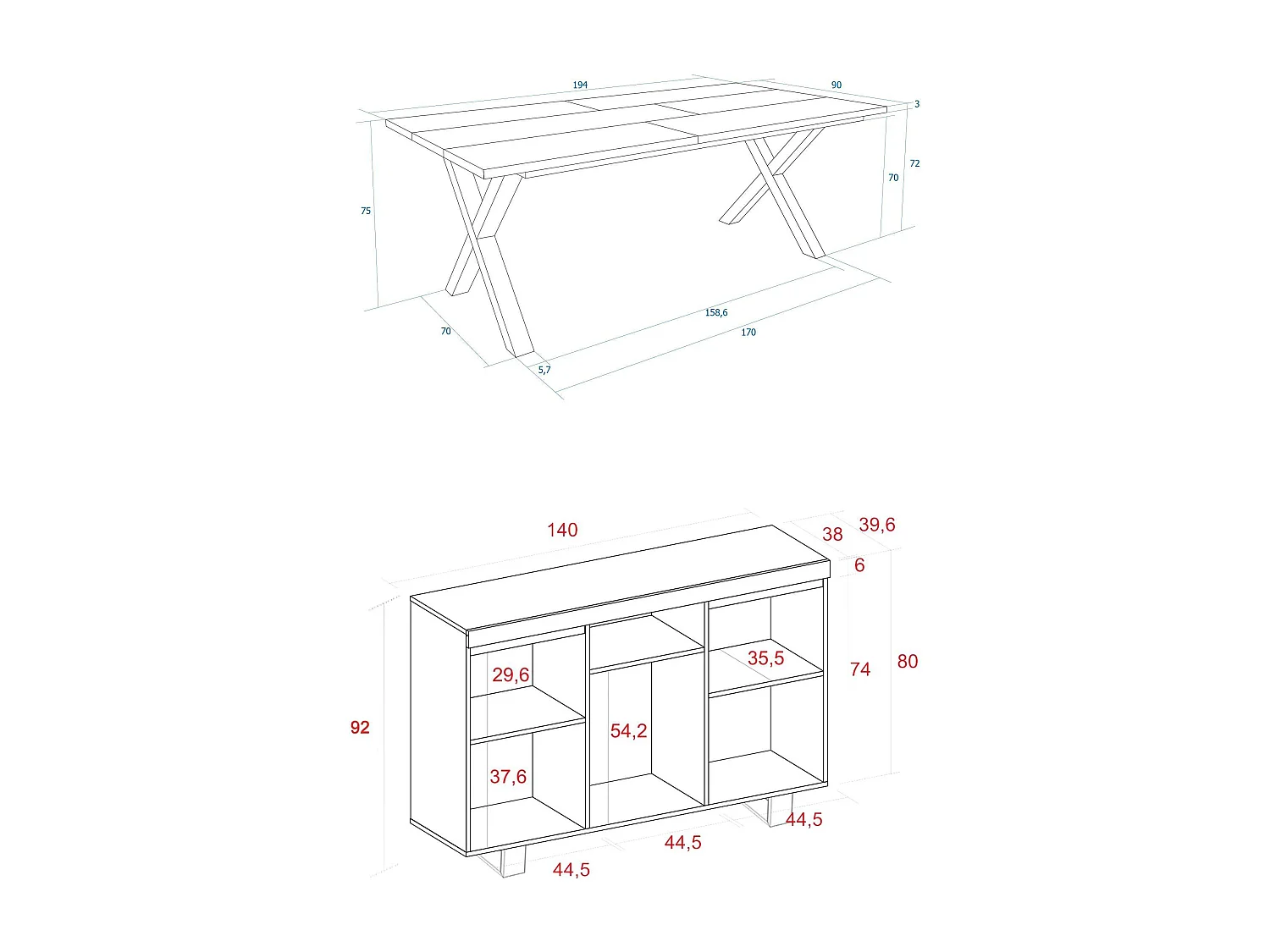 Woonkamermeubelset, Tafel 200 Front Zwart Tafelpoten X 10 gasten, Sideboard / Buffetkast 140 Tall, Eiken en Zwart, Industriële stijl