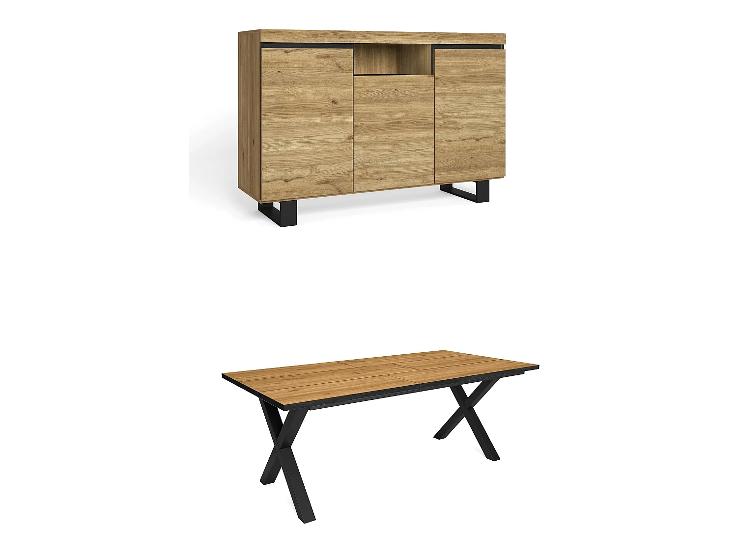 Woonkamermeubelset, Tafel 200 Front Zwart Tafelpoten X 10 gasten, Sideboard / Buffetkast 140 Tall, Eiken en Zwart, Industriële stijl