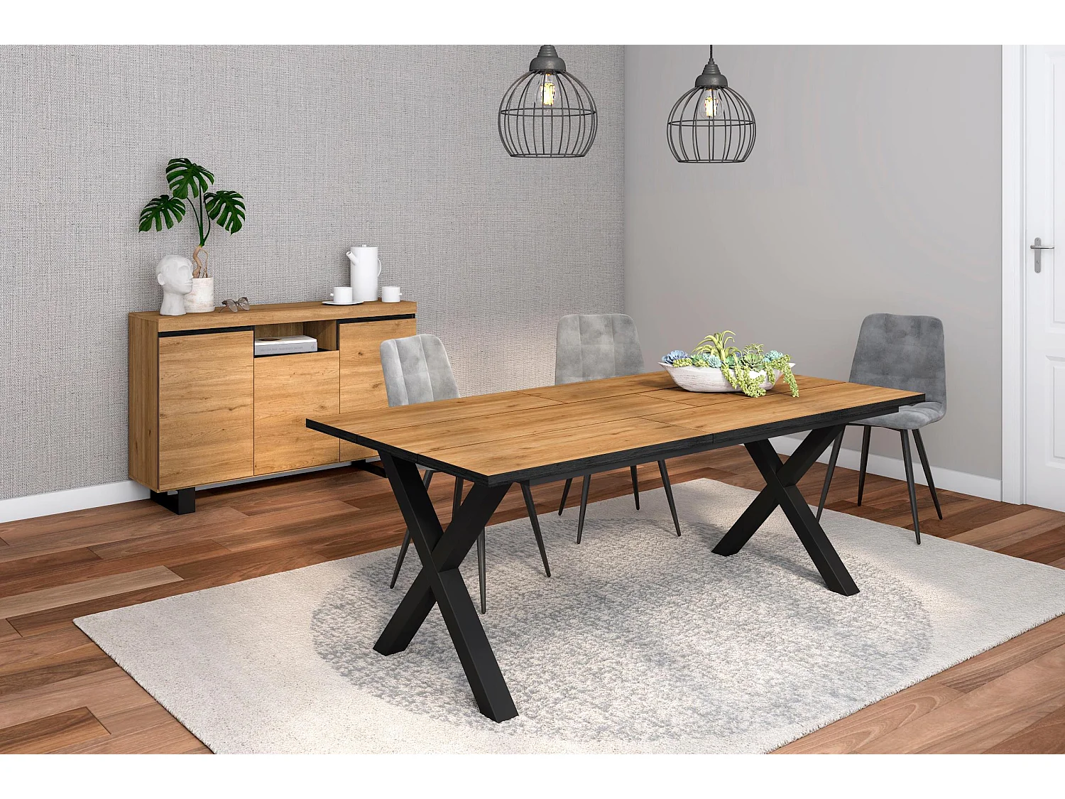 Conjunto muebles salon, Mesa 200 Canto negro patas X 10 comensales, Aparador / Buffet 140 Tall, Roble y Negro, Estilo Industrial