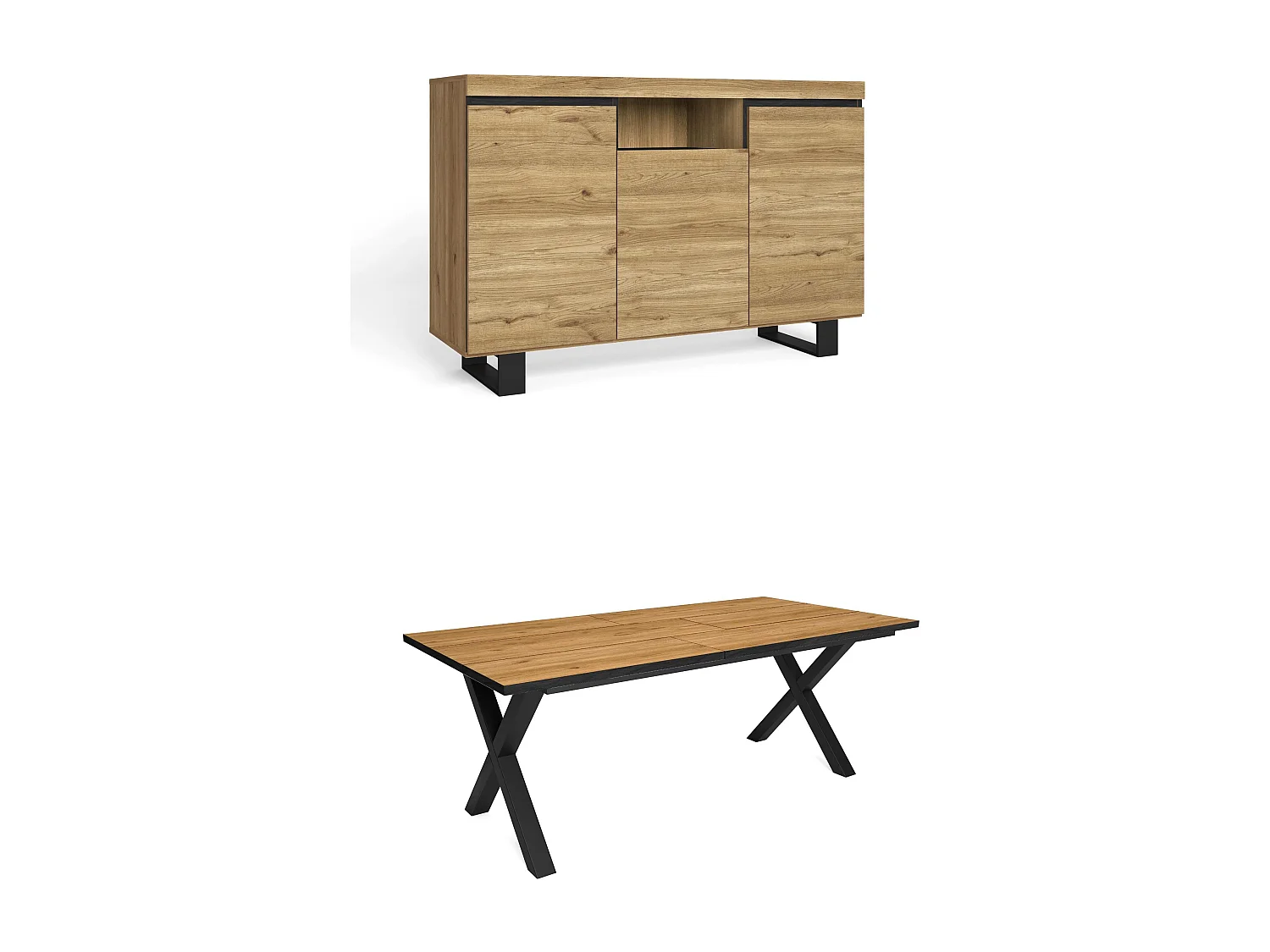 Conjunto muebles salon, Mesa 200 Canto negro patas X 10 comensales, Aparador / Buffet 140 Tall, Roble y Negro, Estilo Industrial