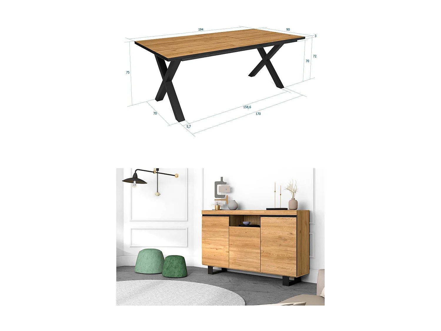 Conjunto muebles salon, Mesa 200 Canto negro patas X 10 comensales, Aparador / Buffet 140 Tall, Roble y Negro, Estilo Industrial