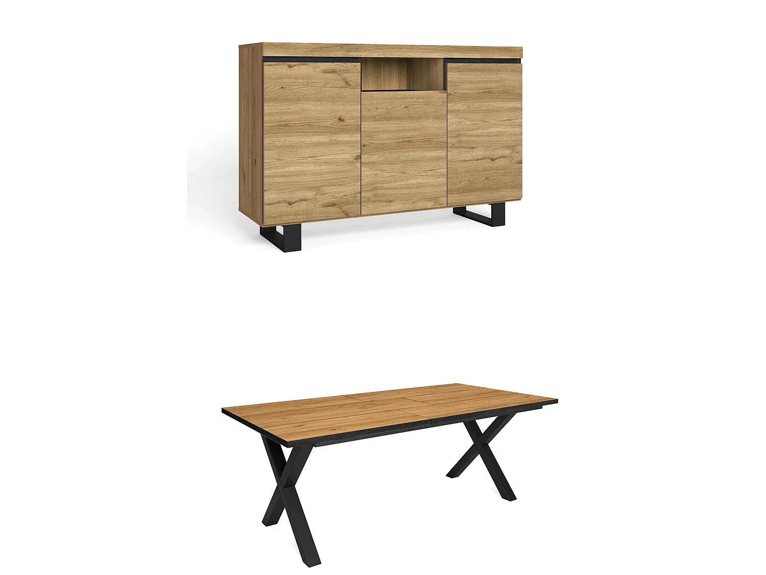 Woonkamermeubelset, Tafel 200 Front Zwart Tafelpoten X 10 gasten, Sideboard / Buffetkast 140 Tall, Eiken en Zwart, Industriële stijl