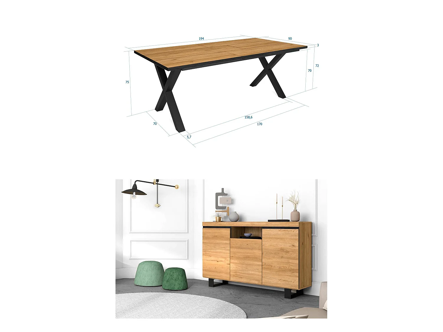 Woonkamermeubelset, Tafel 200 Front Zwart Tafelpoten X 10 gasten, Sideboard / Buffetkast 140 Tall, Eiken en Zwart, Industriële stijl