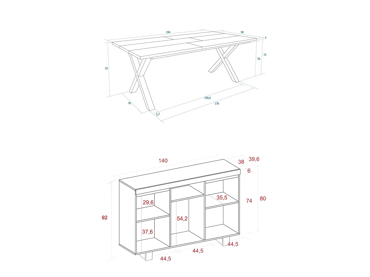 Woonkamermeubelset, Tafel 200 Front Zwart Tafelpoten X 10 gasten, Sideboard / Buffetkast 140 Tall, Eiken en Zwart, Industriële stijl