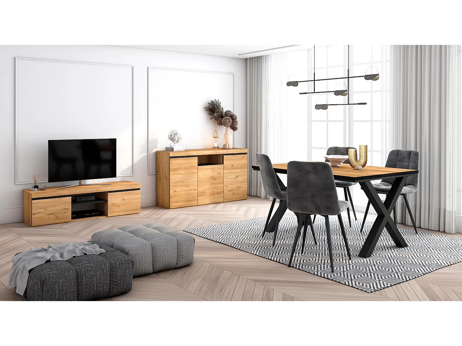 Ensemble de meubles de salon, Table 140 Front Noir pieds X 6 convives, Meuble TV140, Crédence / Buffet 140, Chêne, Noir, Industriel
